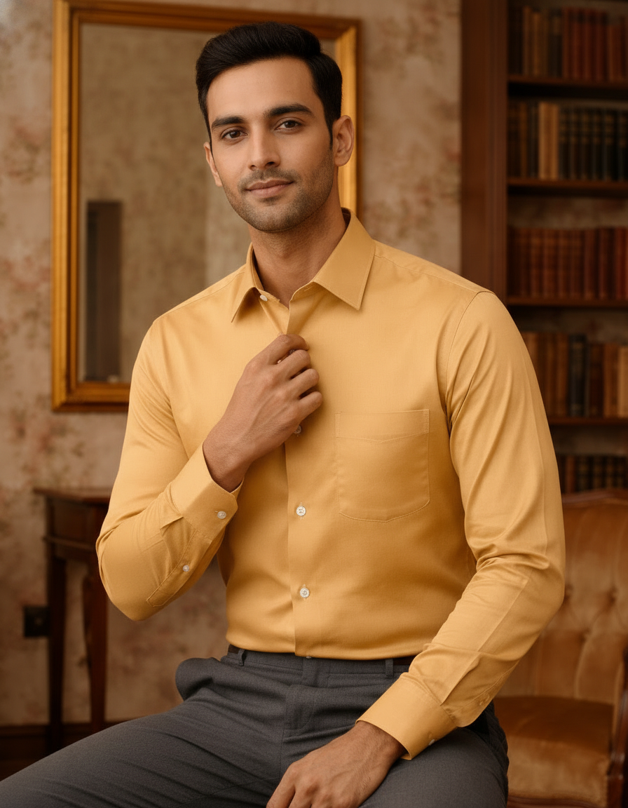Mustard Yellow Color Satin Cotton Shirt