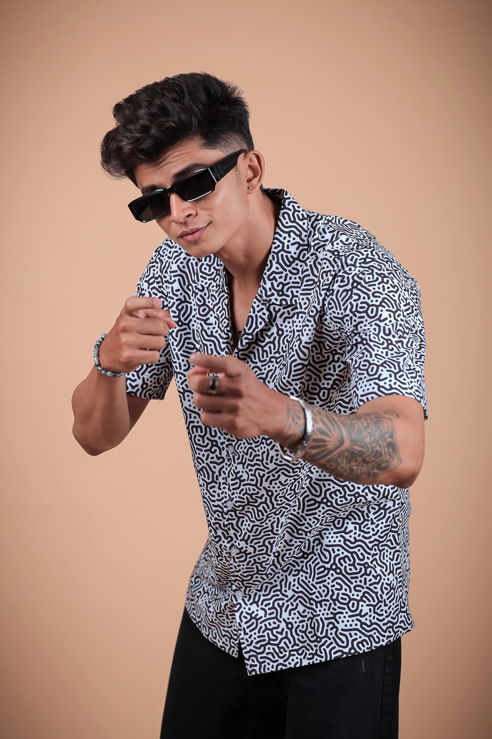 Black And White Printed Half Sleeve Shirt