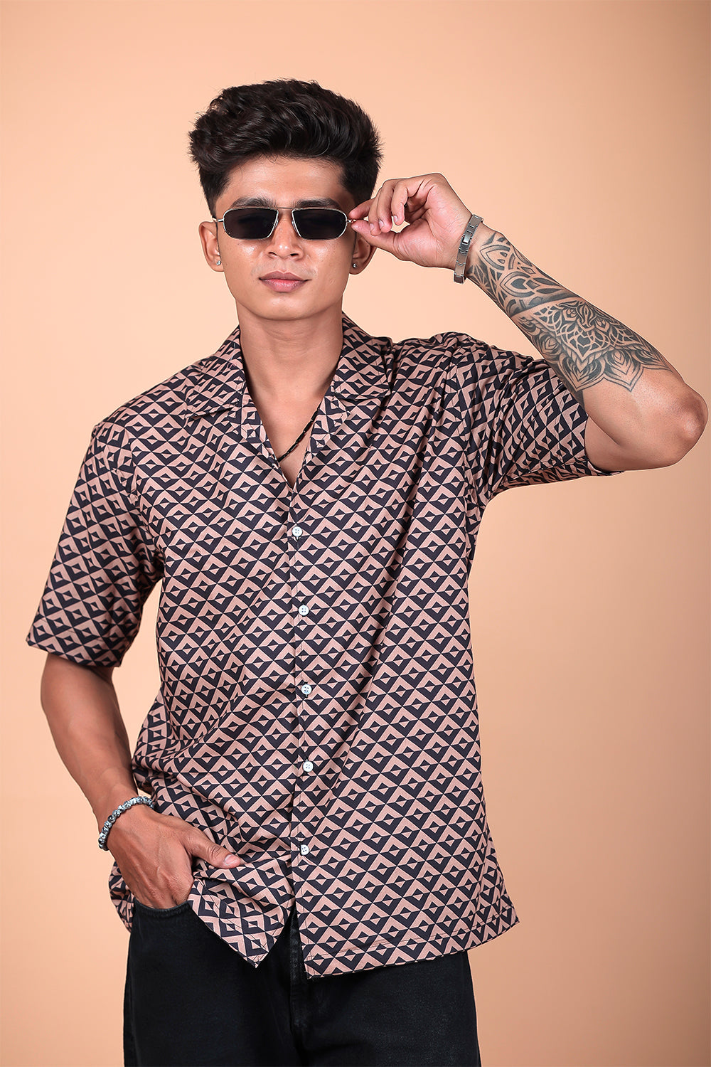 Brown And Black Printed Half Sleeve Shirt