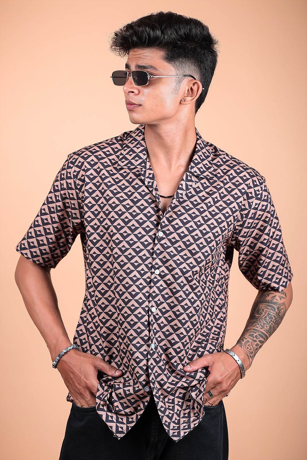 Brown And Black Printed Half Sleeve Shirt