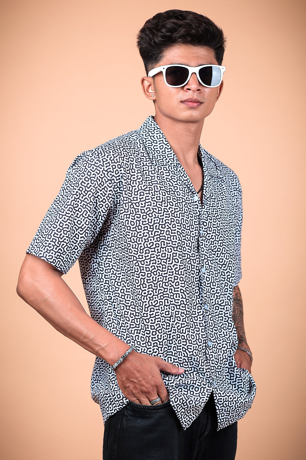 Black And White Printed Half Sleeve Shirt