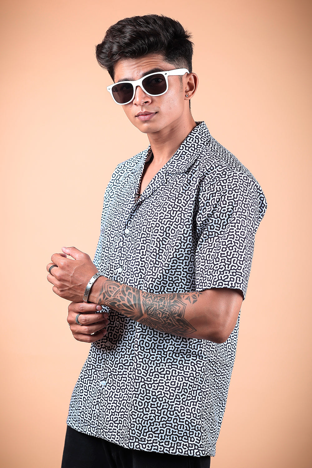 Black And White Printed Half Sleeve Shirt