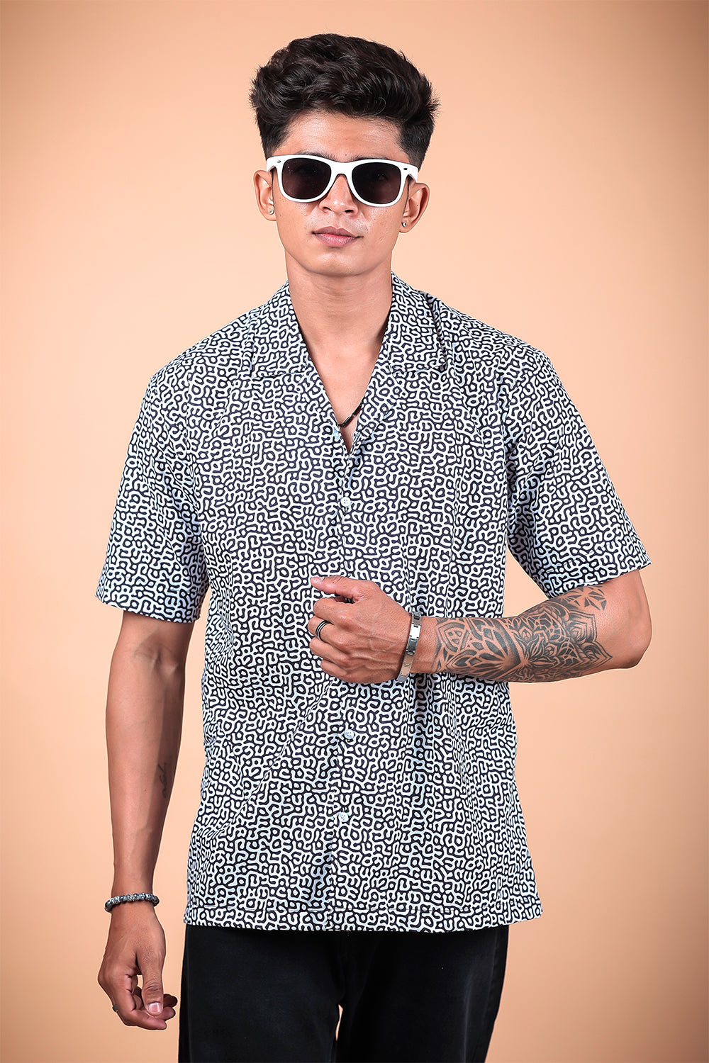 Black And White Printed Half Sleeve Shirt