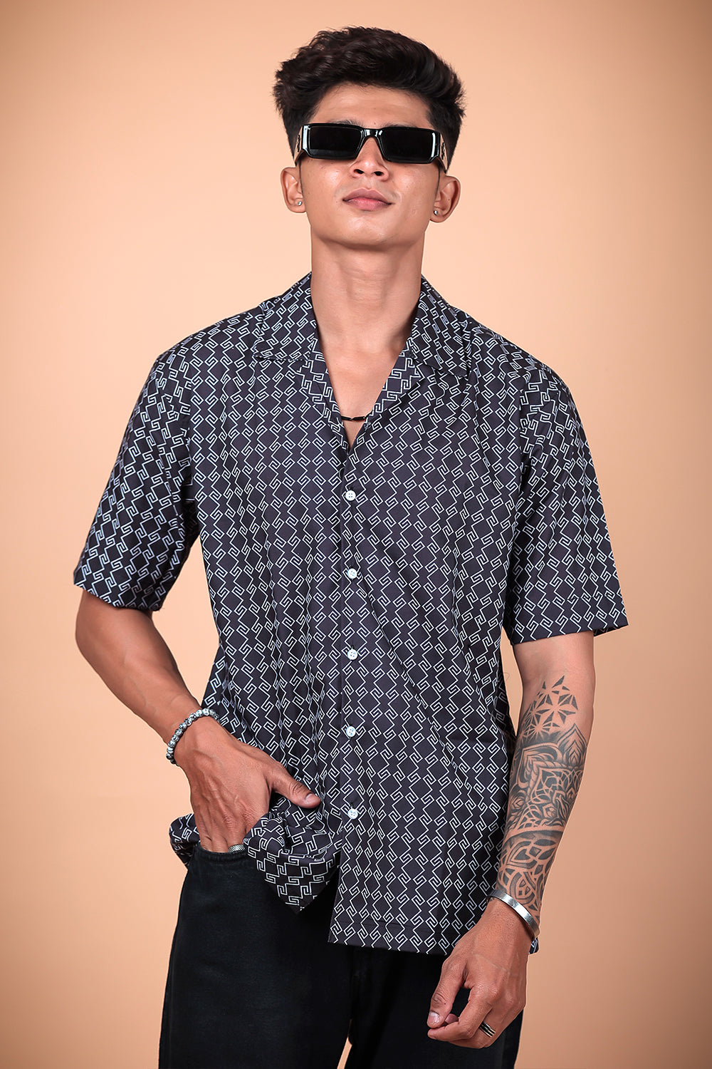 Black And White Printed Half Sleeve Shirt