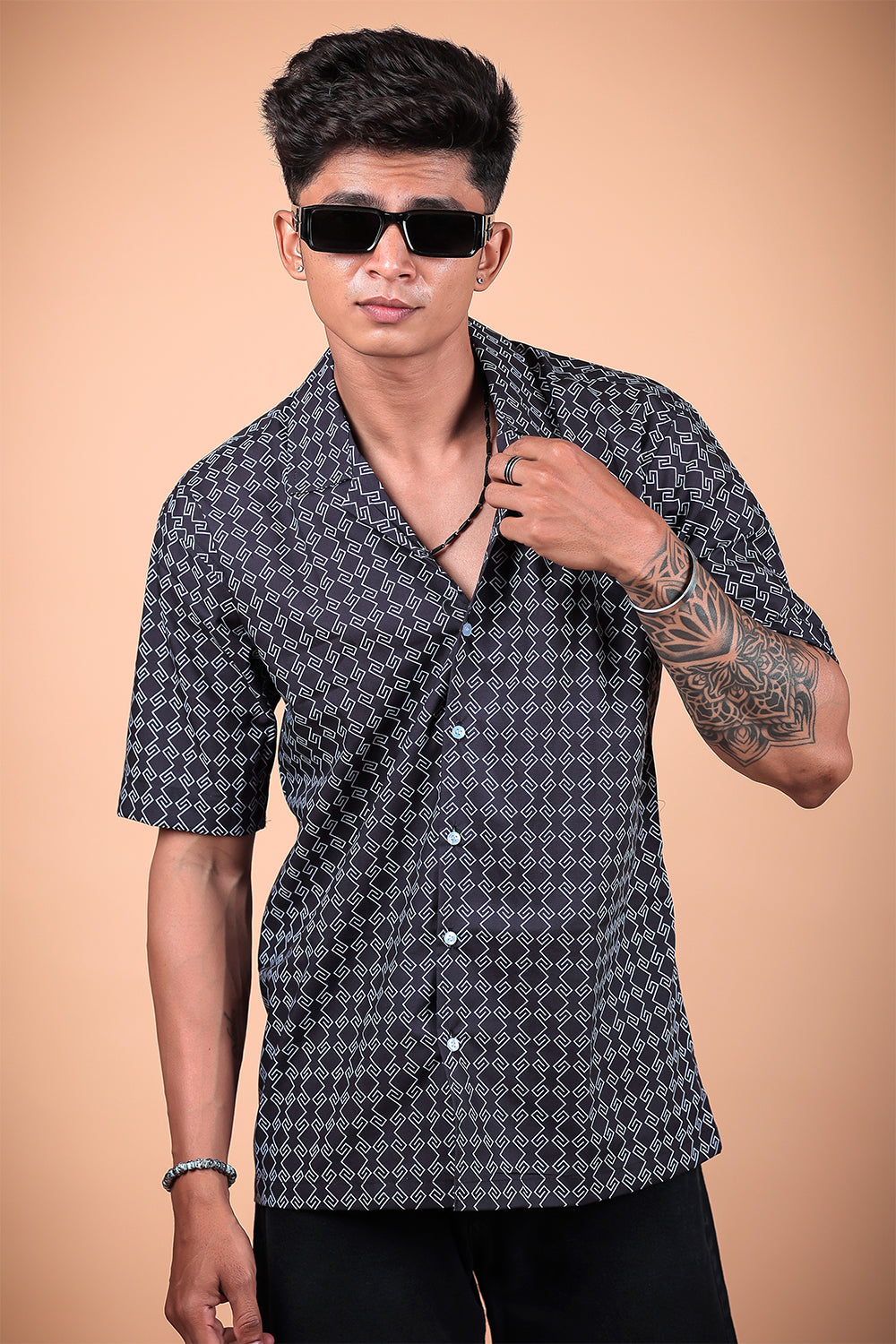 Black And White Printed Half Sleeve Shirt