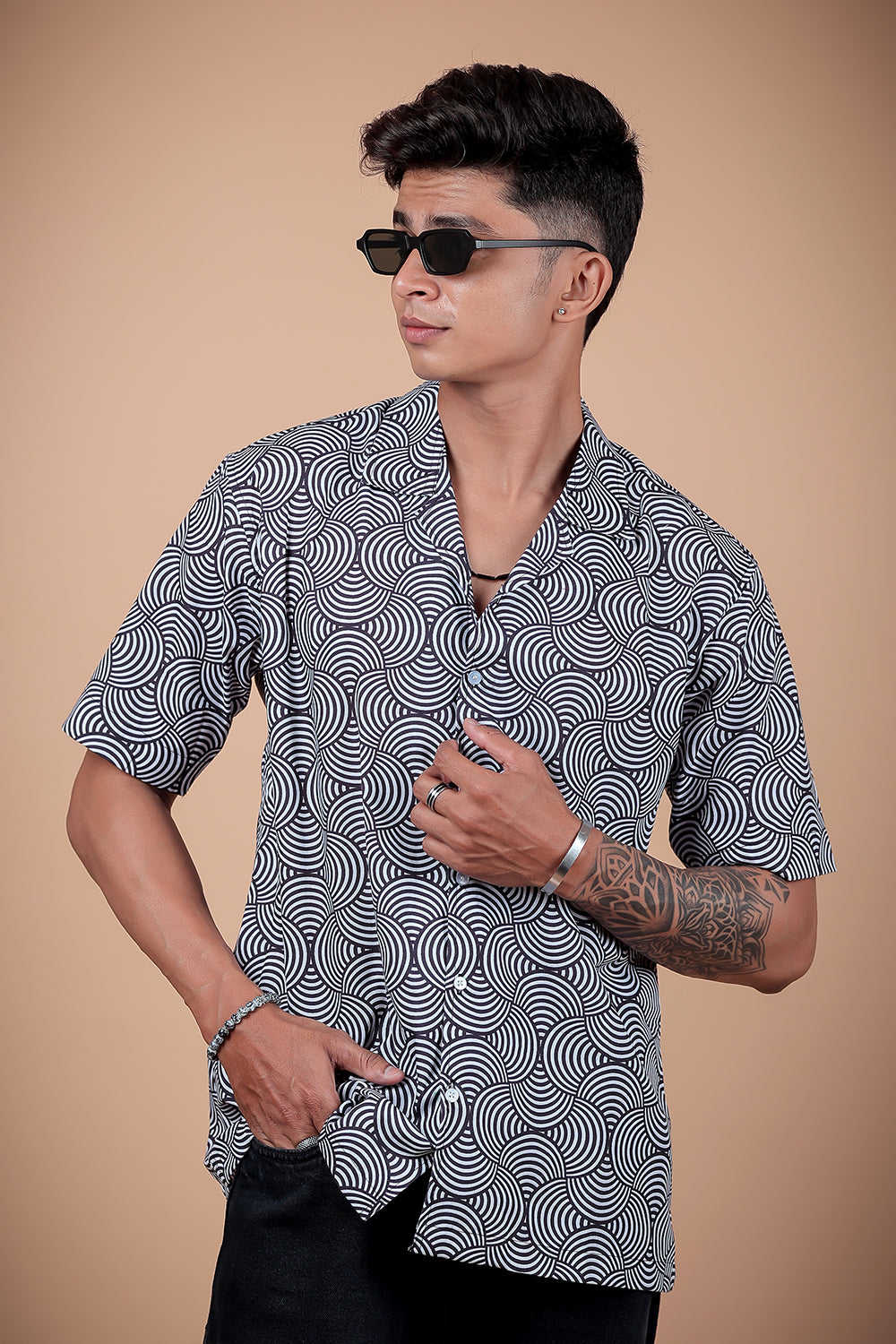 Black And White Printed Half Sleeve Shirt