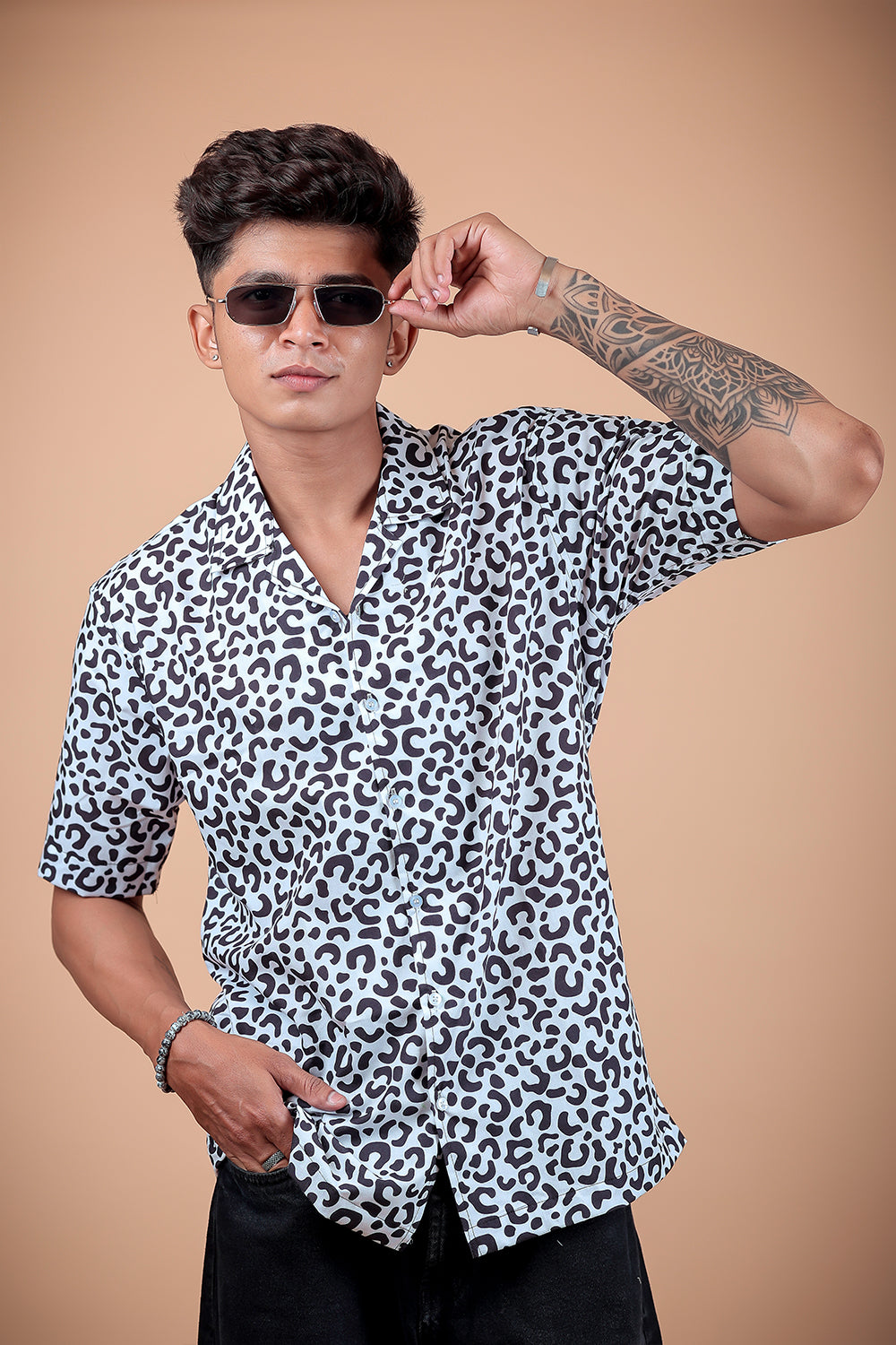 Black And White Printed Half Sleeve Shirt