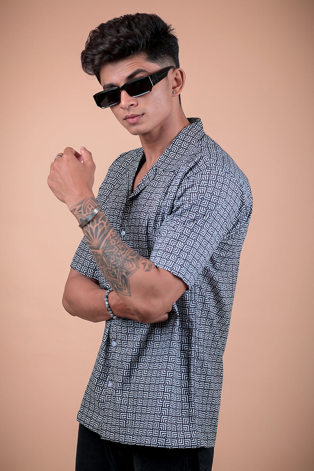 Black And White Printed Half Sleeve Shirt