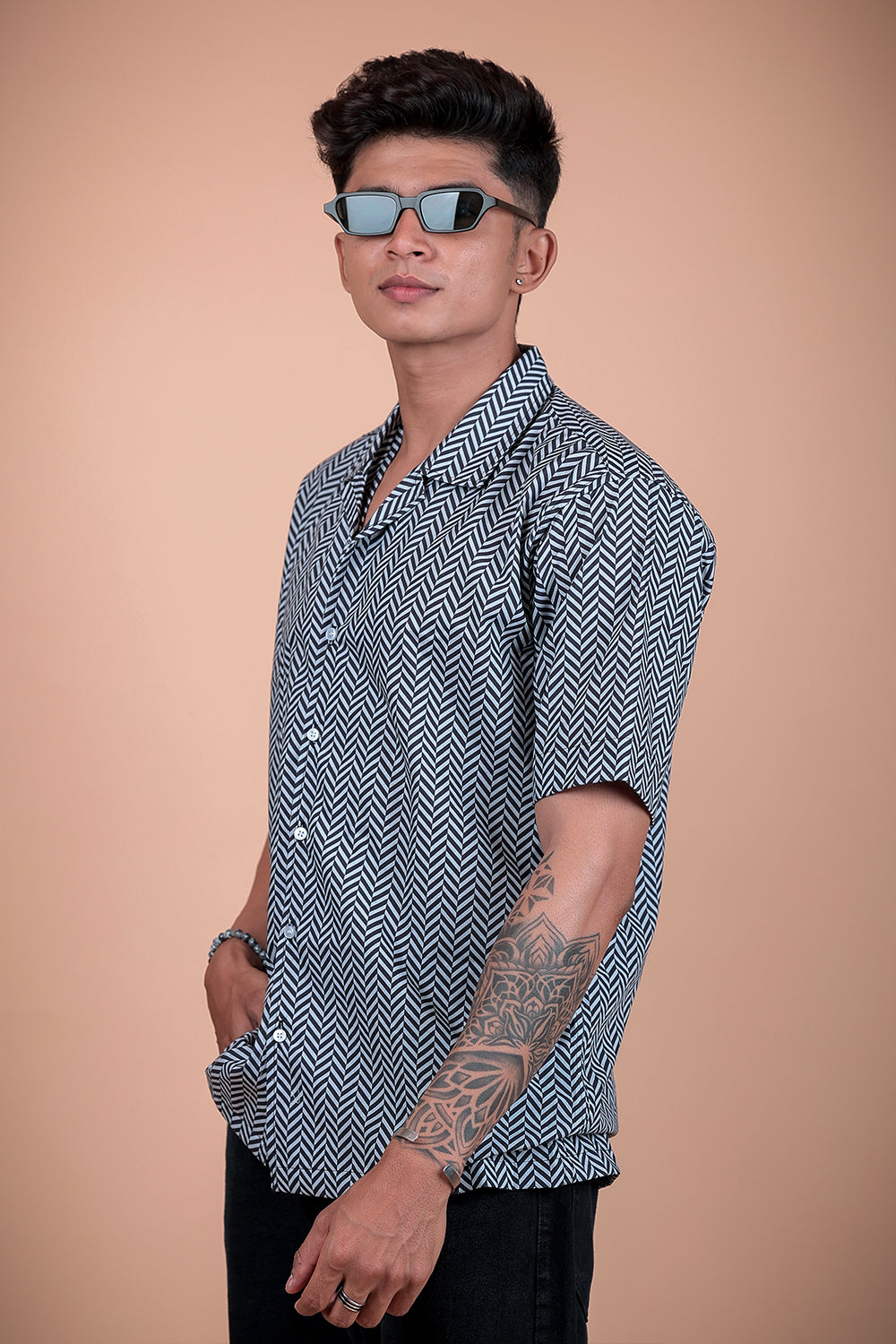 Black And White Printed Half Sleeve Shirt