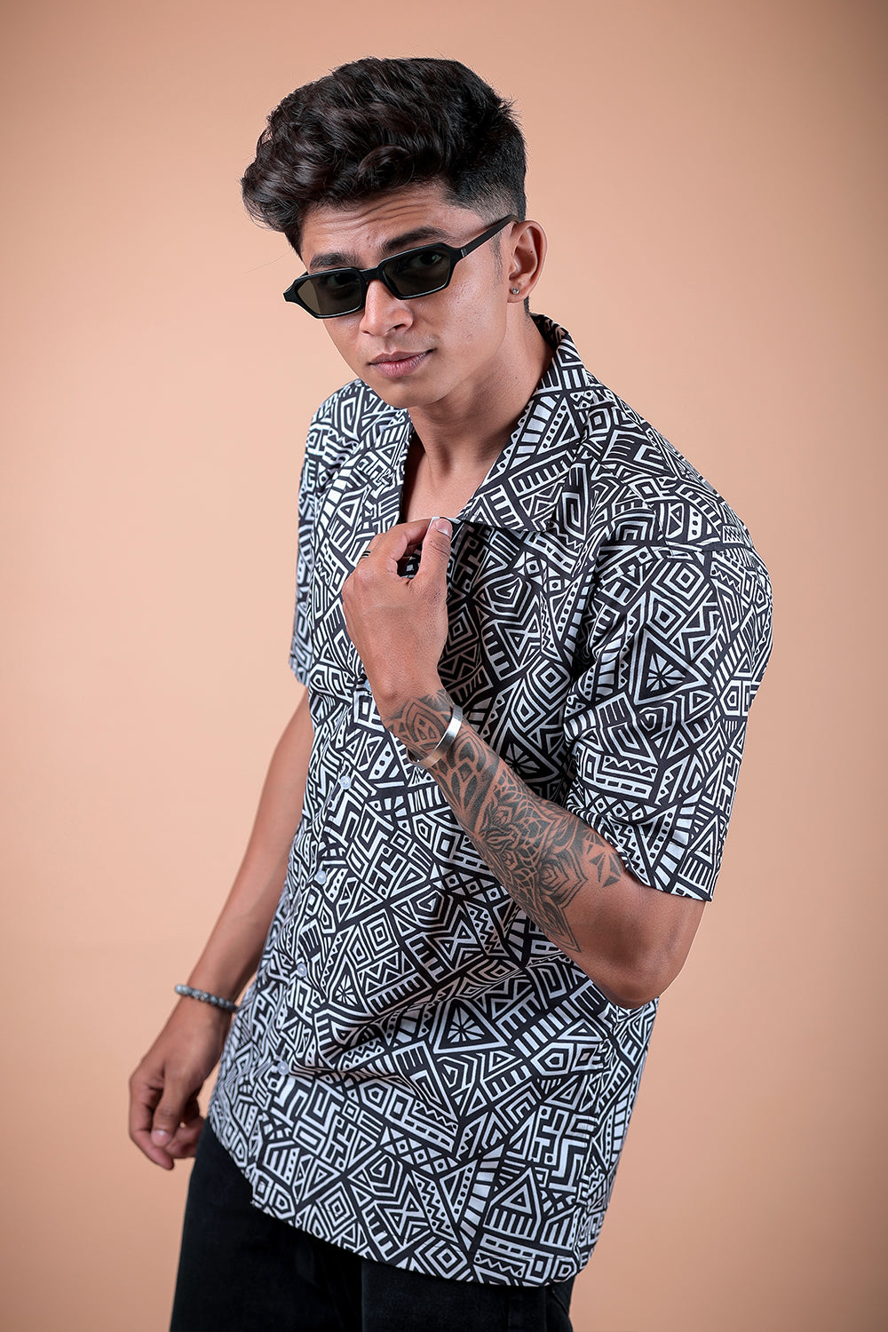 Black And White Printed Half Sleeve Shirt