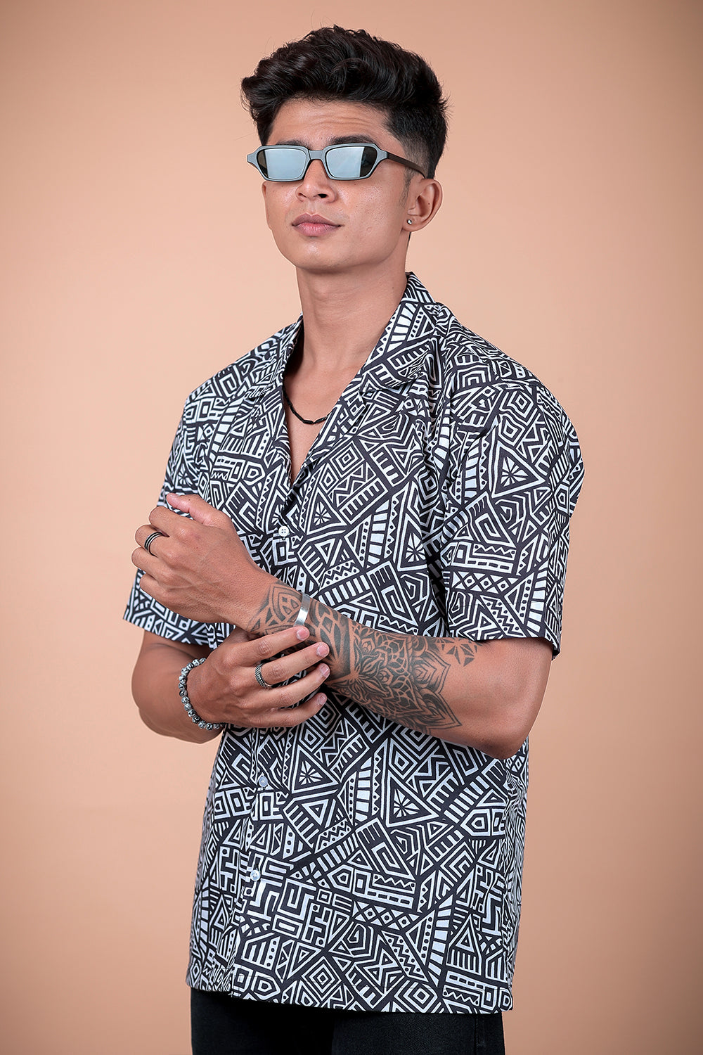 Black And White Printed Half Sleeve Shirt