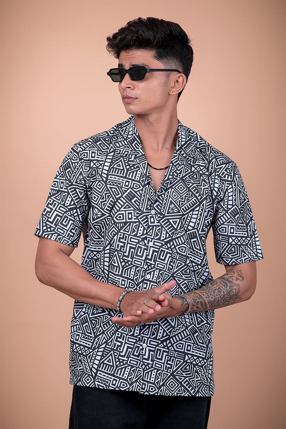 Black And White Printed Half Sleeve Shirt