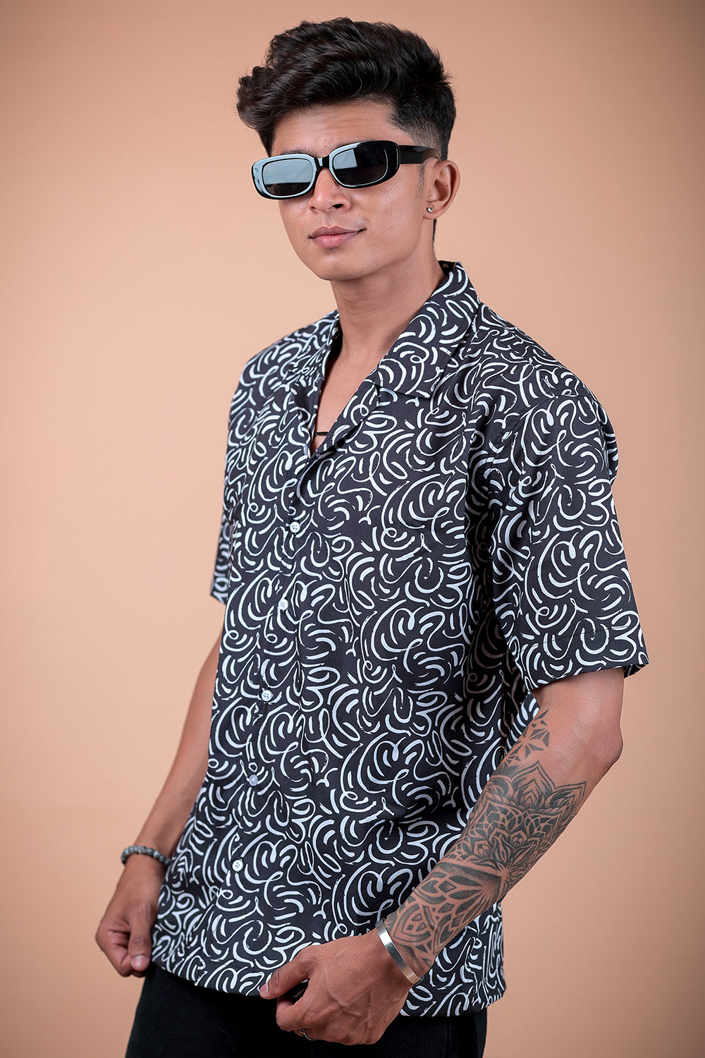 Black And White Printed Half Sleeve Shirt