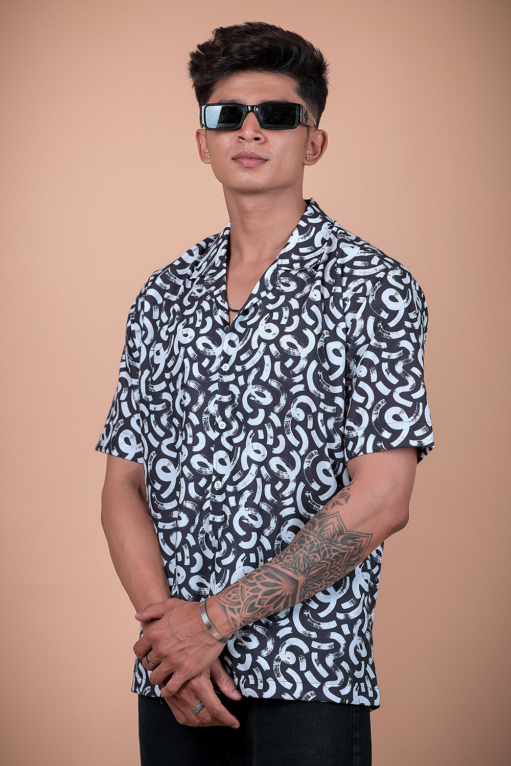 Black And White Printed Half Sleeve Shirt