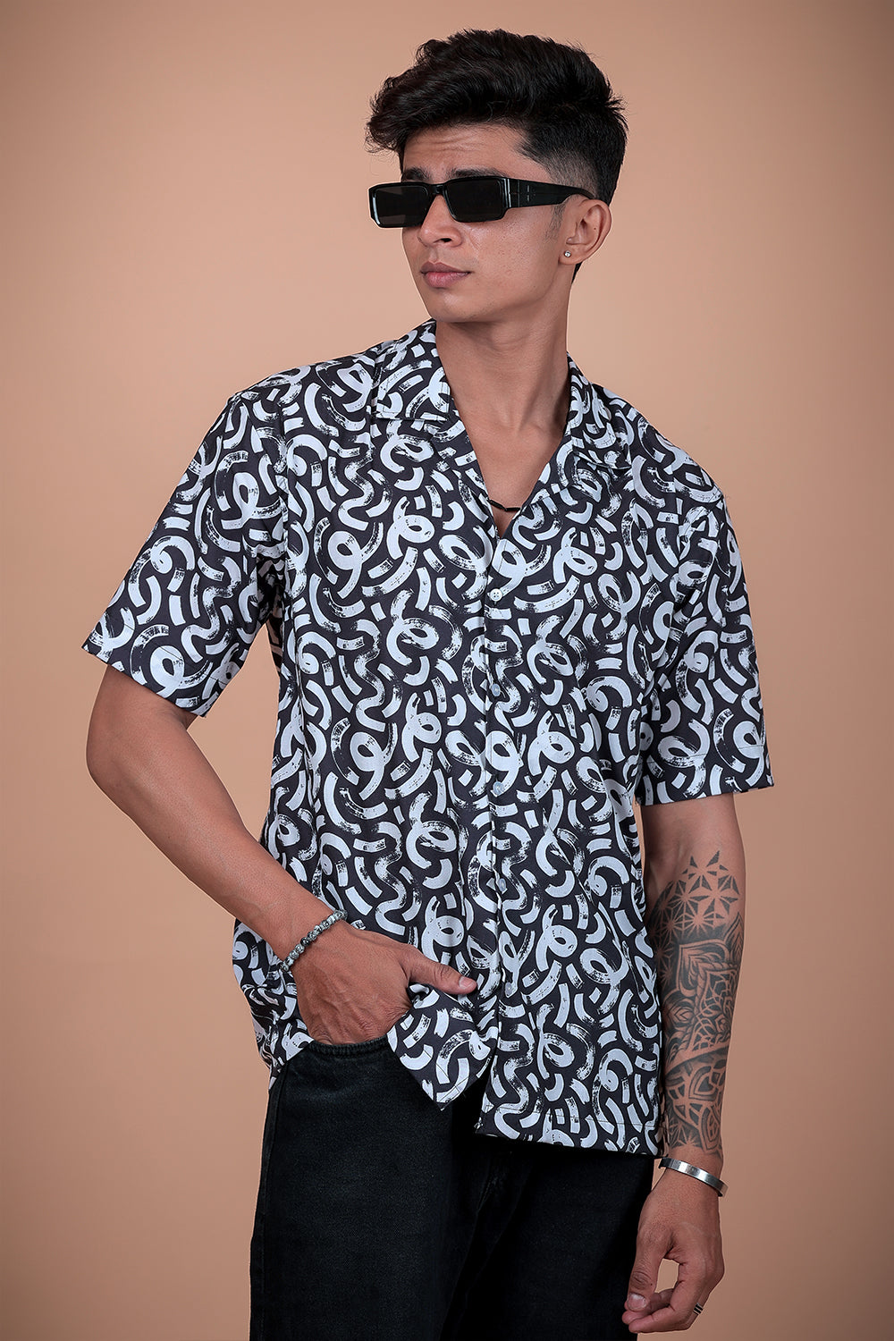 Black And White Printed Half Sleeve Shirt