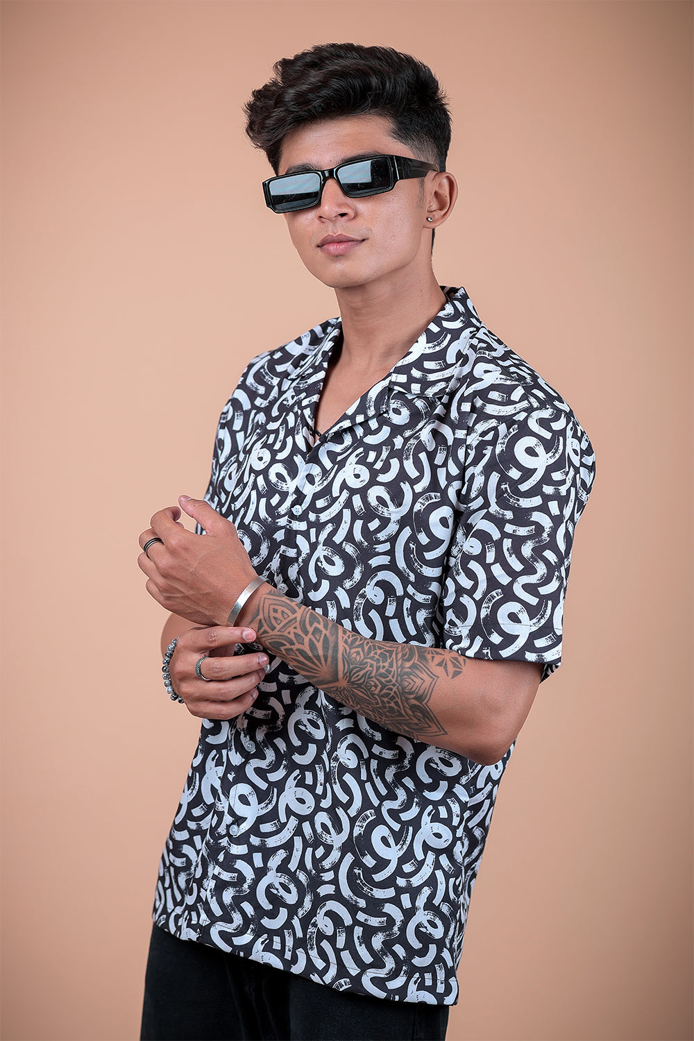 Black And White Printed Half Sleeve Shirt