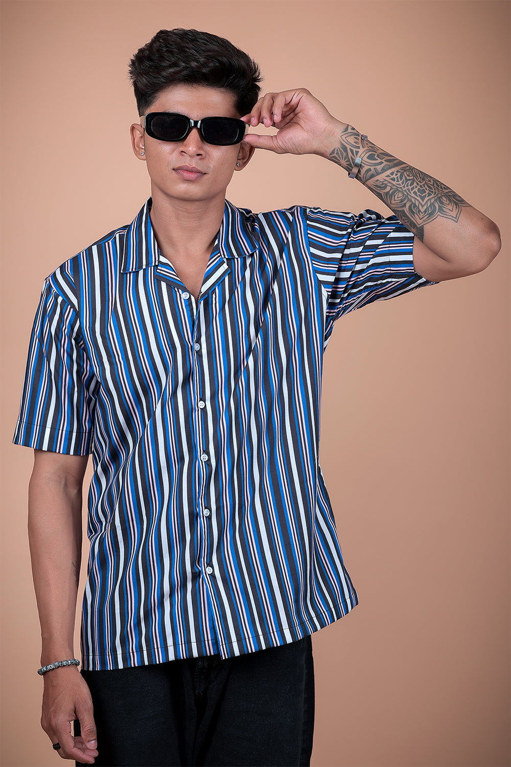 Royal Blue Striped Printed Half Sleeve Shirt