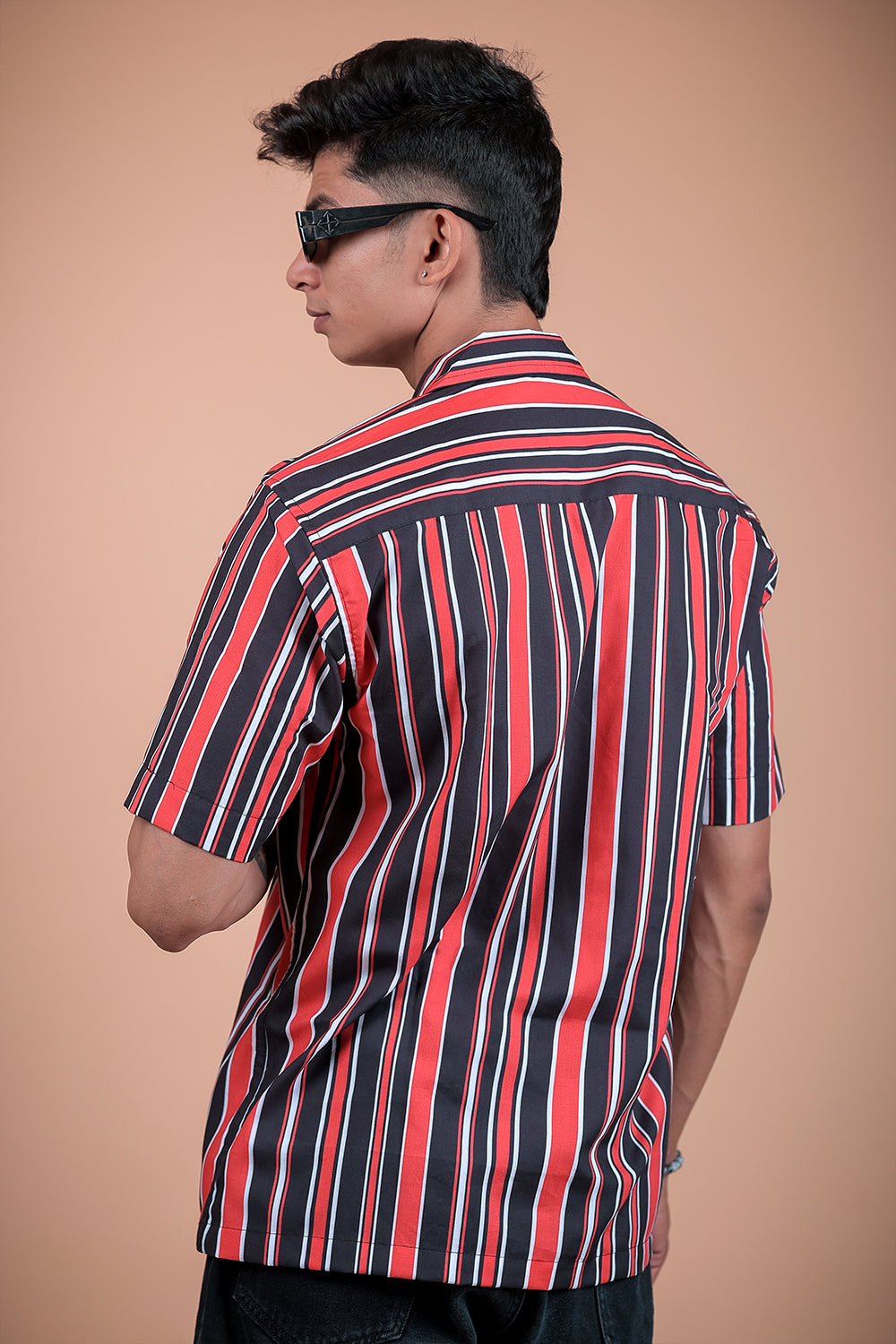 Red And Black Stripe Printed Half Sleeve Shirt