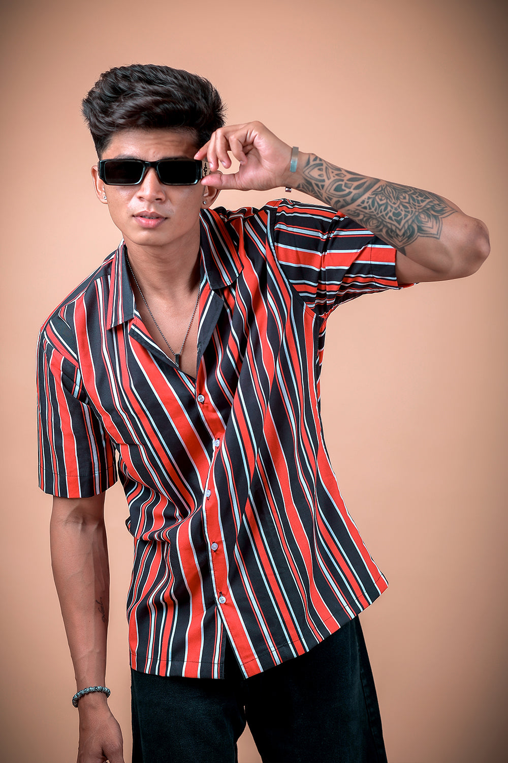 Red And Black Stripe Printed Half Sleeve Shirt