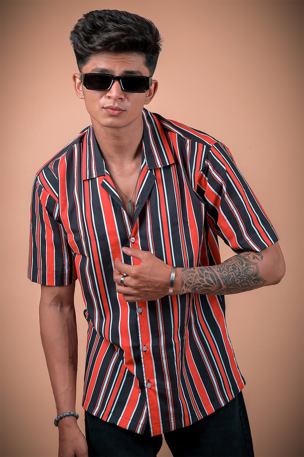 Red And Black Stripe Printed Half Sleeve Shirt
