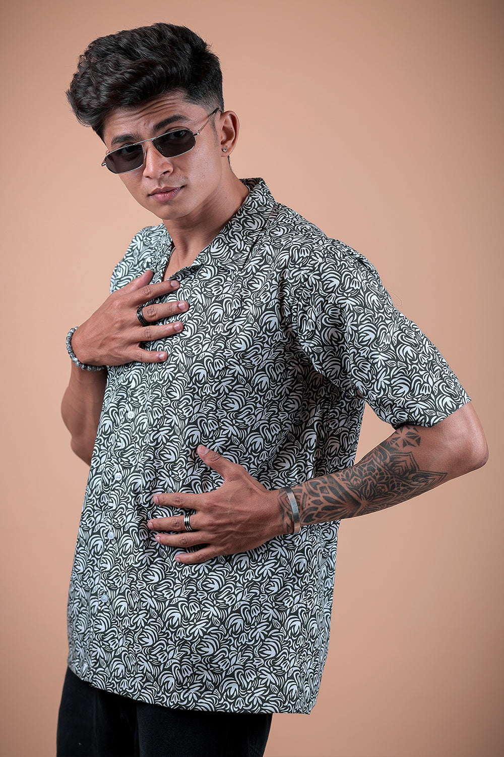 Green And White Printed Half Sleeve Shirt