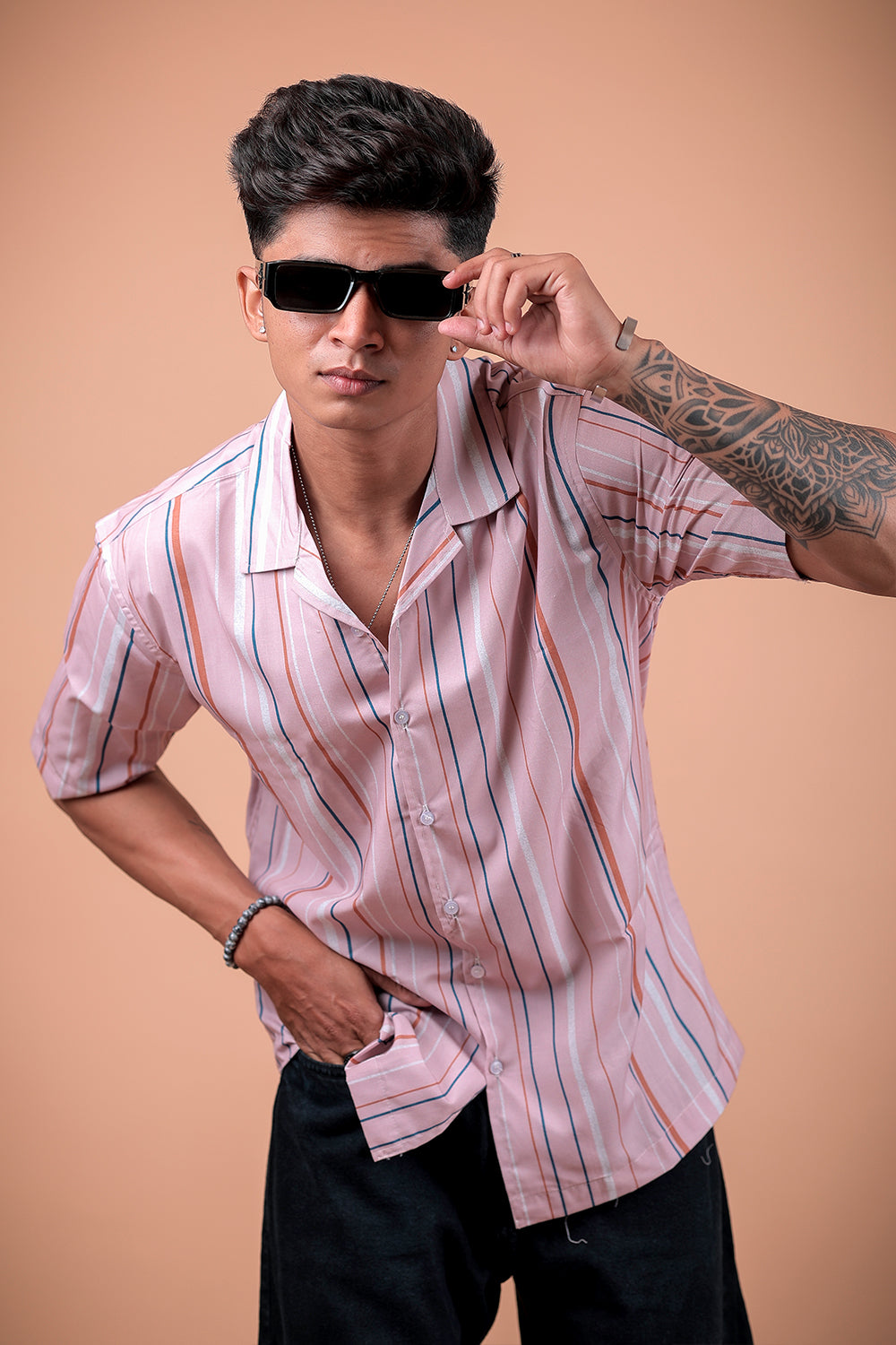 Peach Striped Printed Half Sleeve Shirt