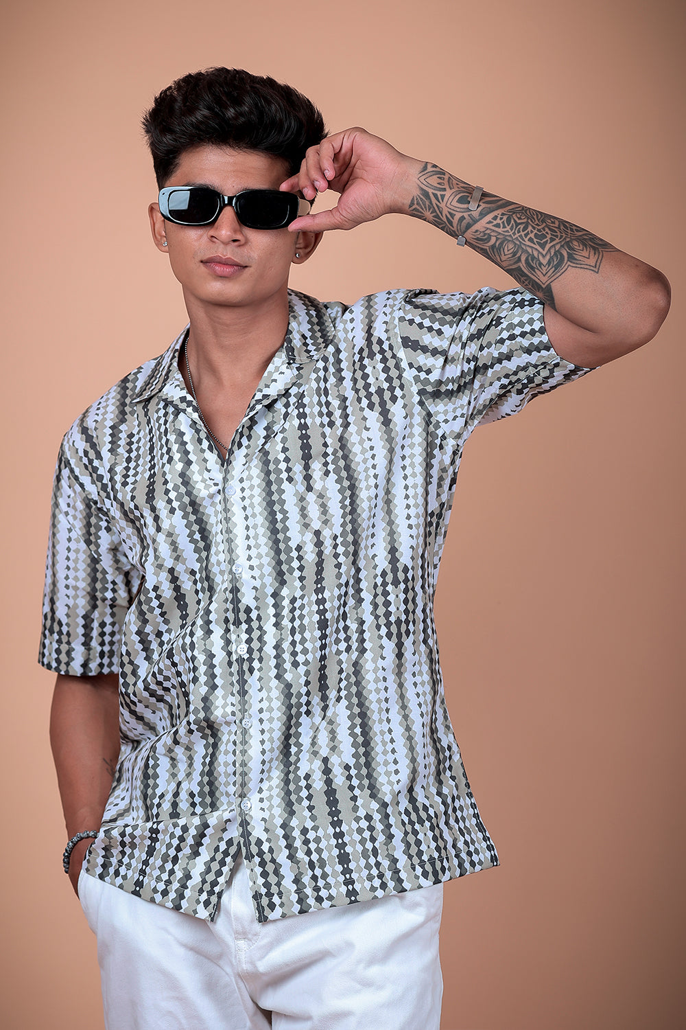 Olive Green Printed Half Sleeve Shirt