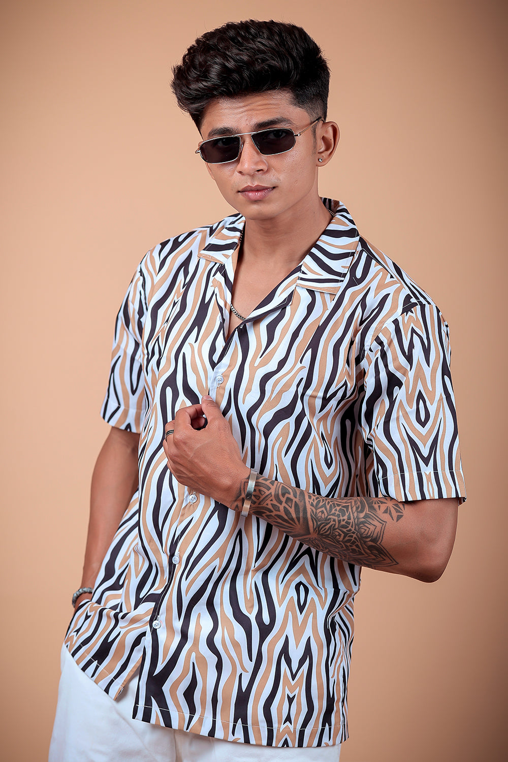 Cream Abstract Printed Half Sleeve Shirt