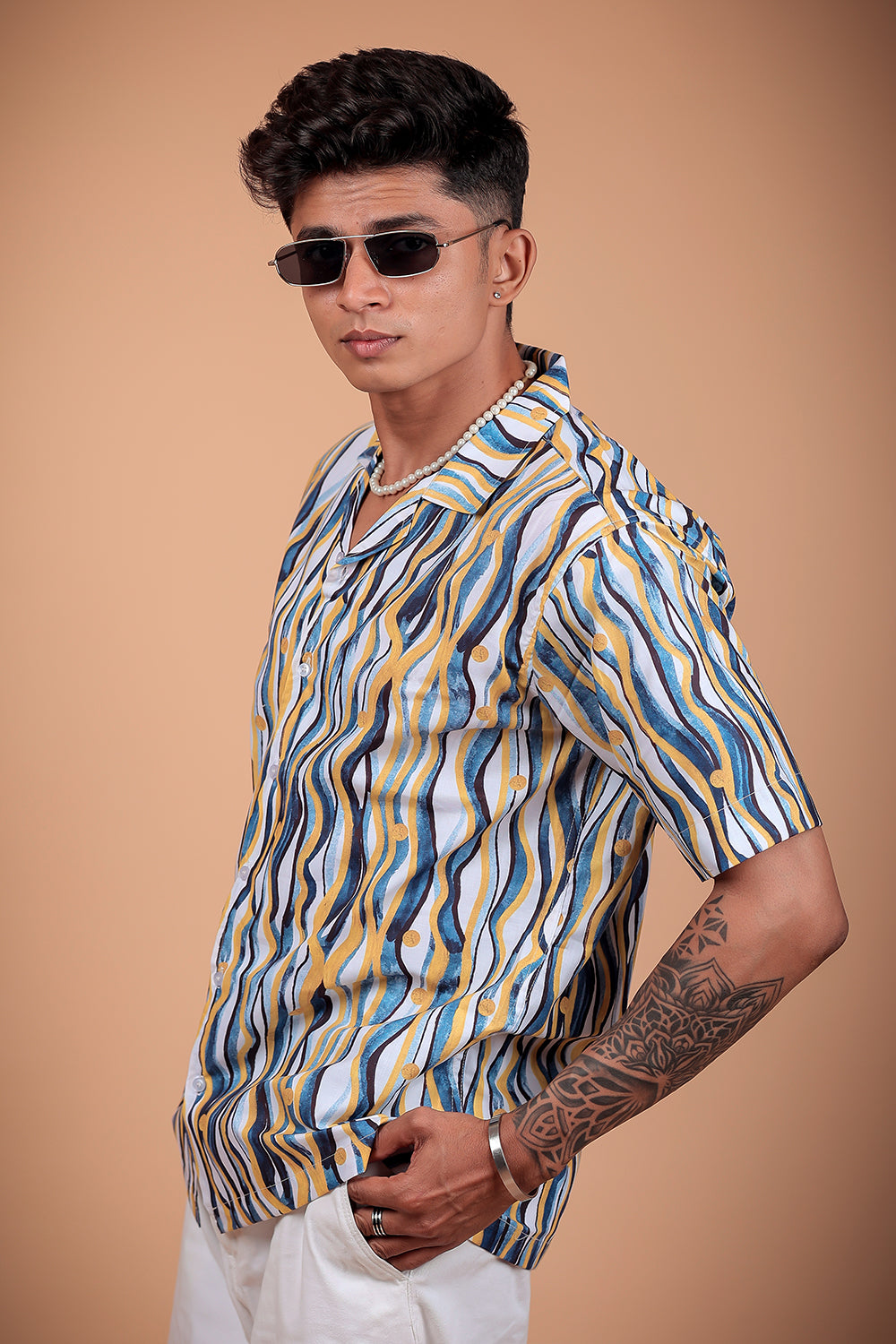 Navy Blue Wave Printed Half Sleeve Shirt