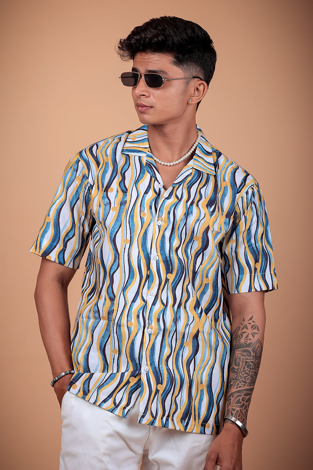 Navy Blue Wave Printed Half Sleeve Shirt