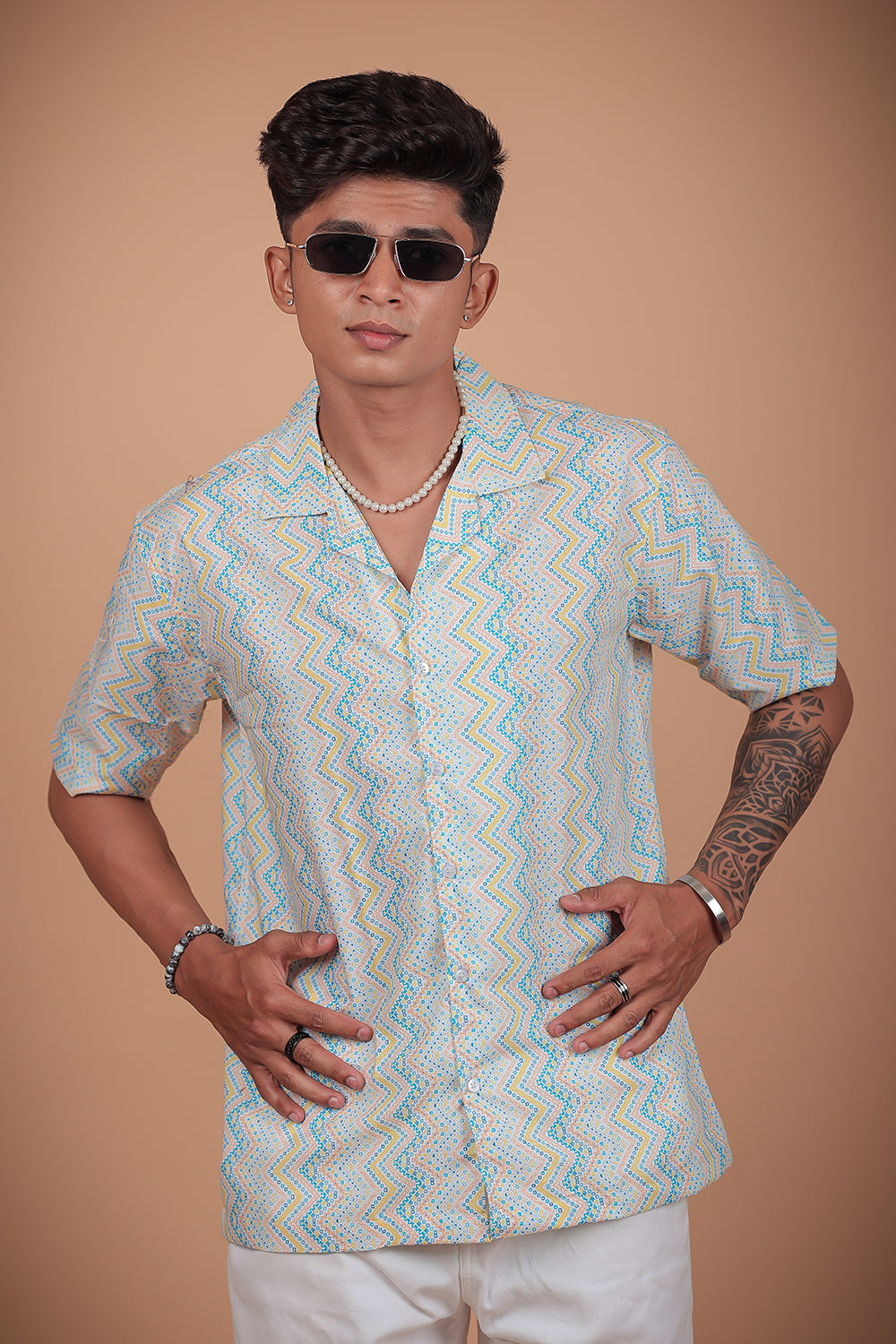 Off White Zig Zag Printed Half Sleeve Shirt