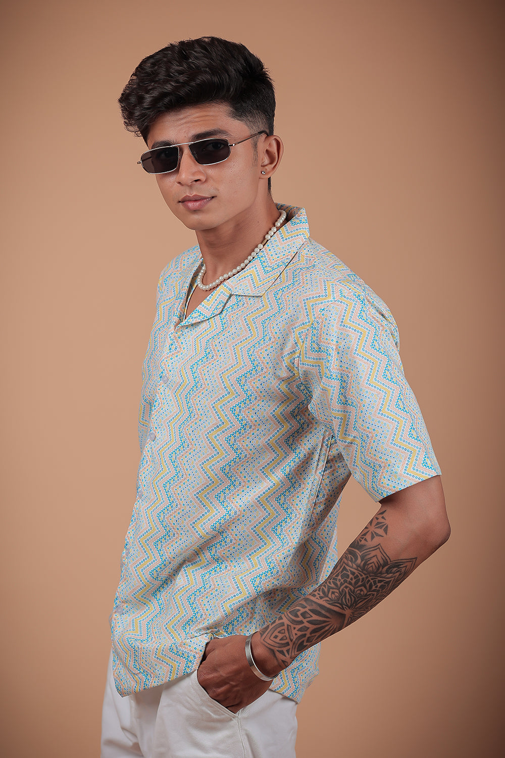 Off White Zig Zag Printed Half Sleeve Shirt