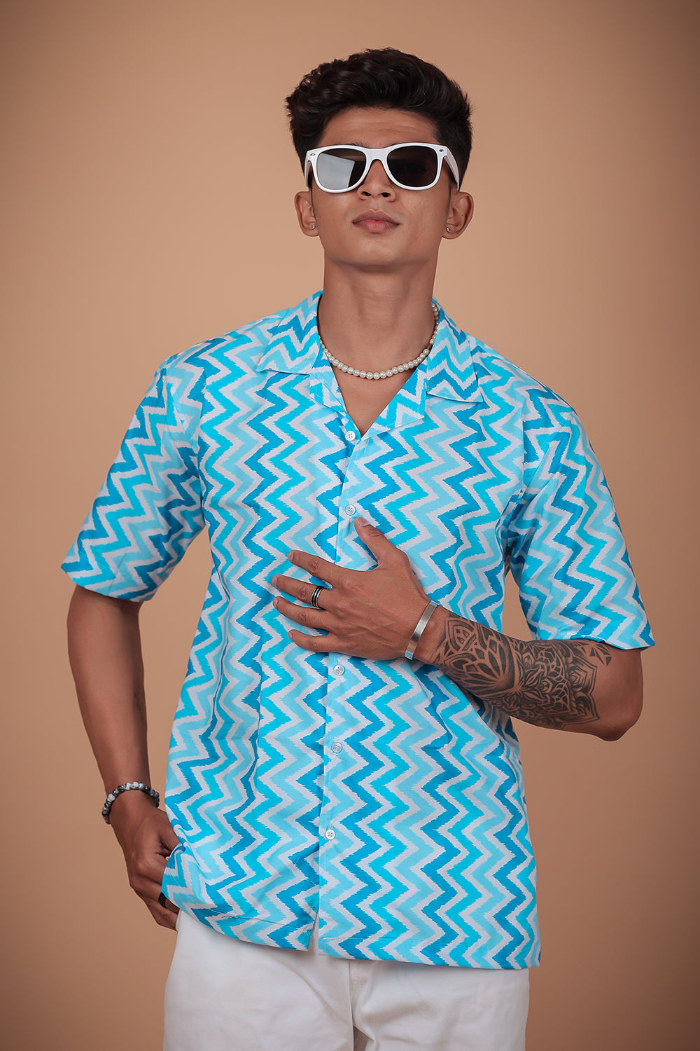 Sky Blue Zig Zag Printed Half Sleeve Shirt