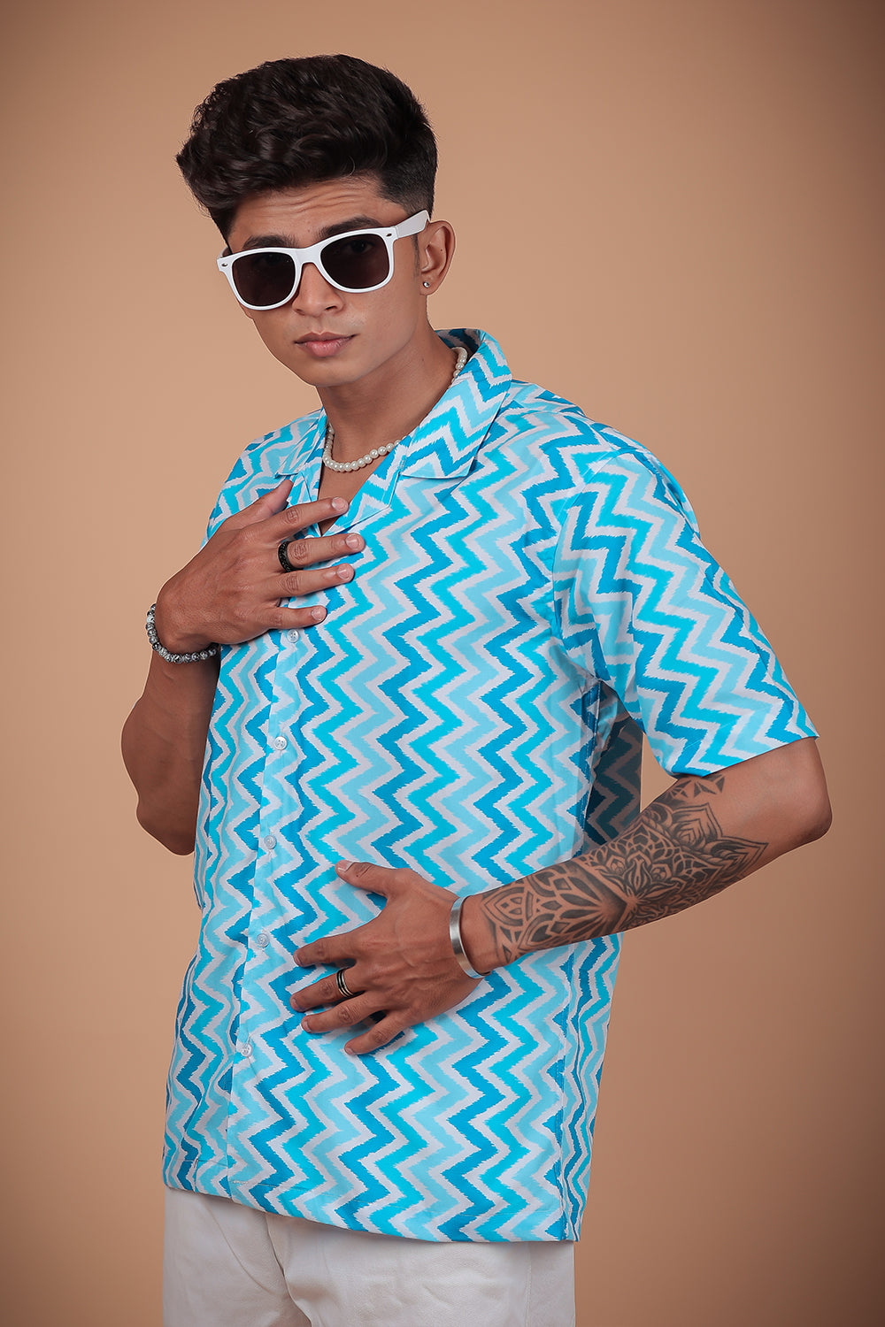 Sky Blue Zig Zag Printed Half Sleeve Shirt