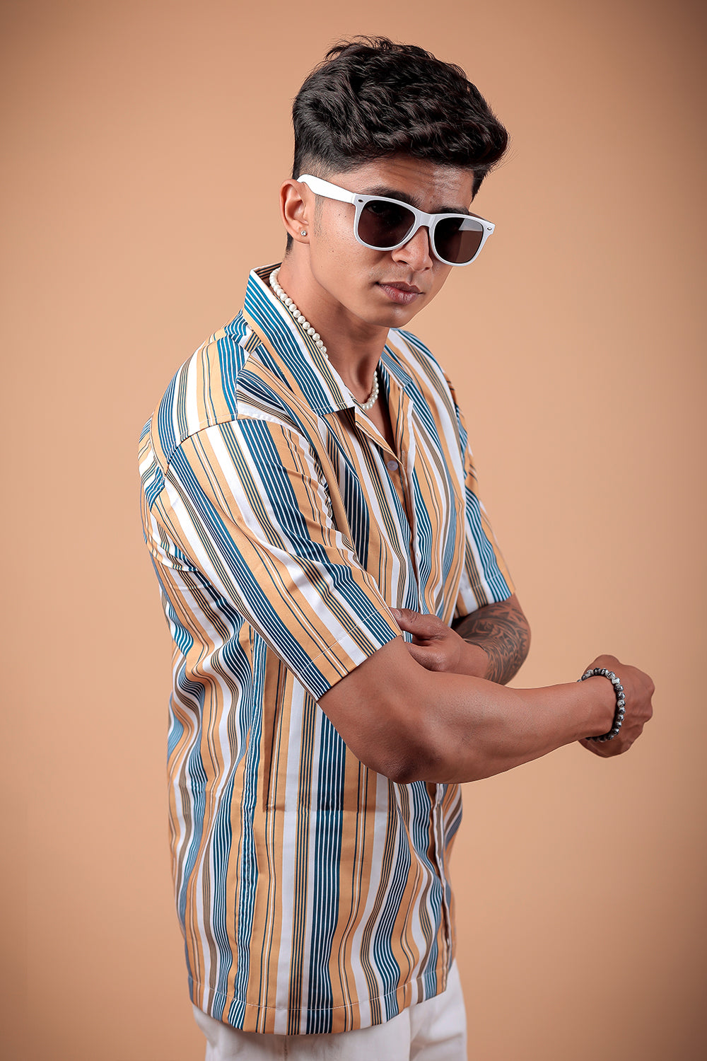 Blue And Yellow Striped Printed Half Sleeve Shirt