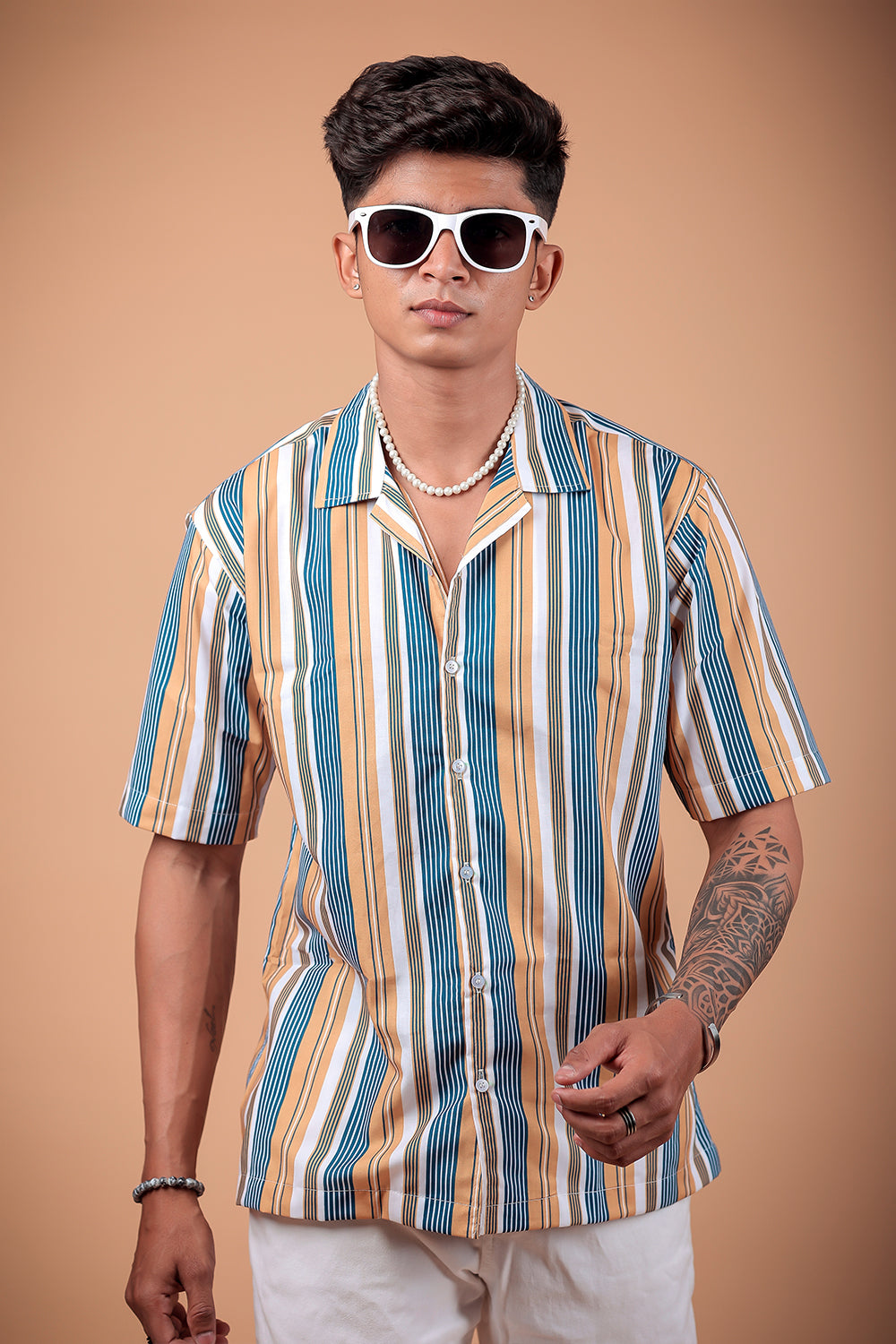 Blue And Yellow Striped Printed Half Sleeve Shirt