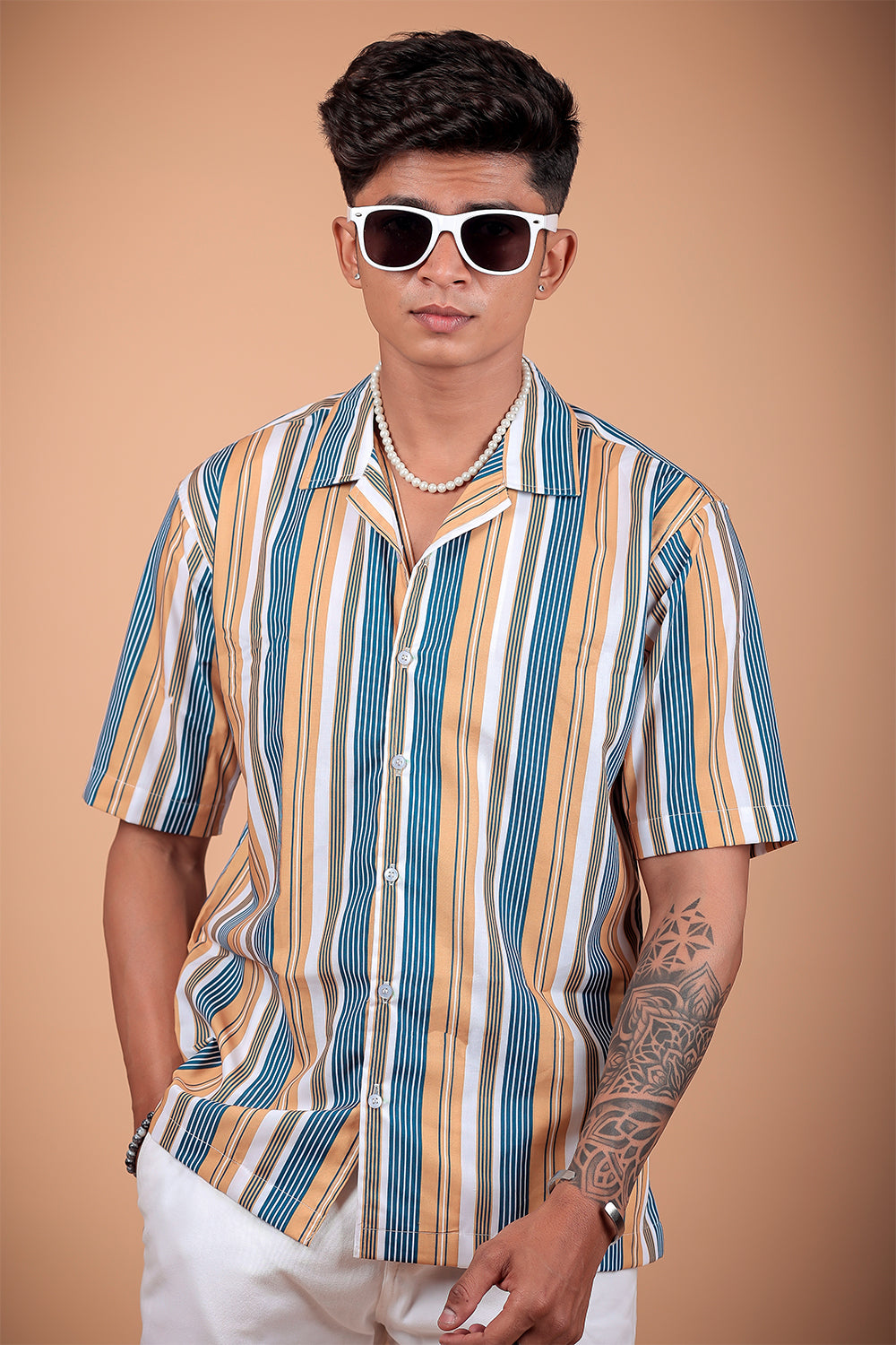 Blue And Yellow Striped Printed Half Sleeve Shirt