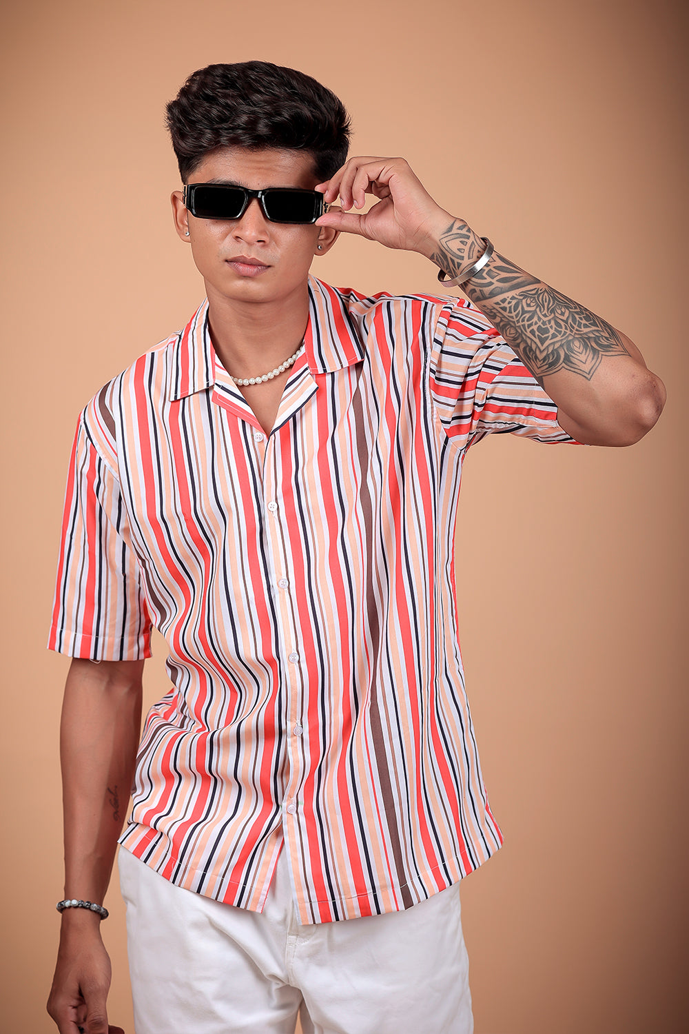 Red Striped Printed Half Sleeve Shirt