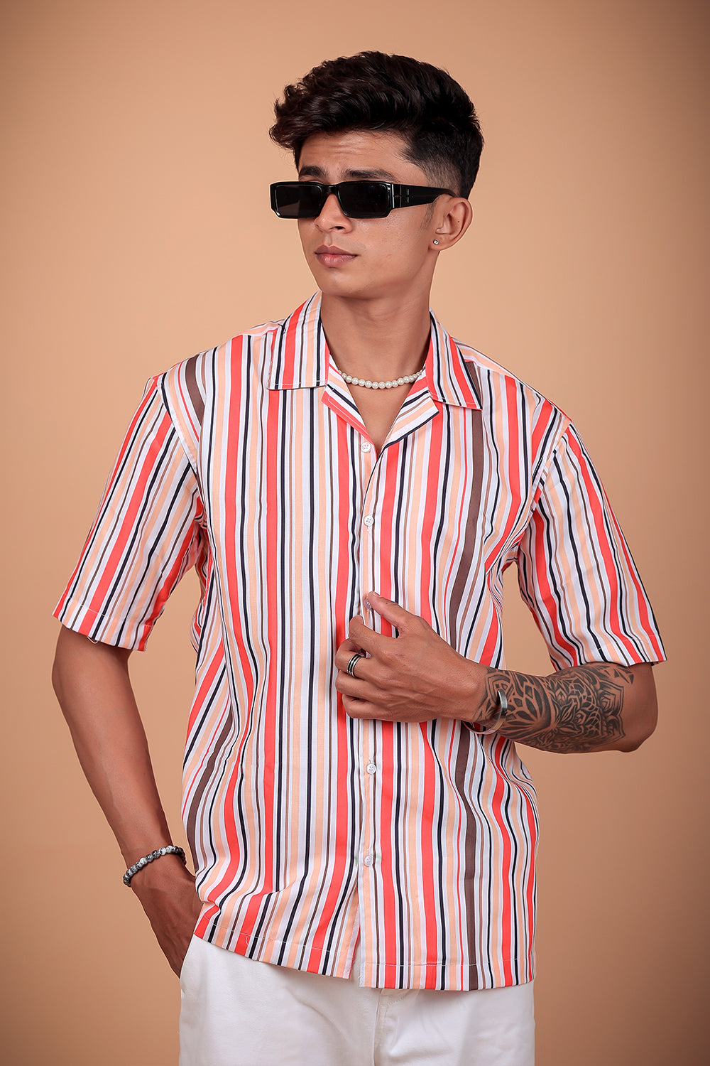 Red Striped Printed Half Sleeve Shirt
