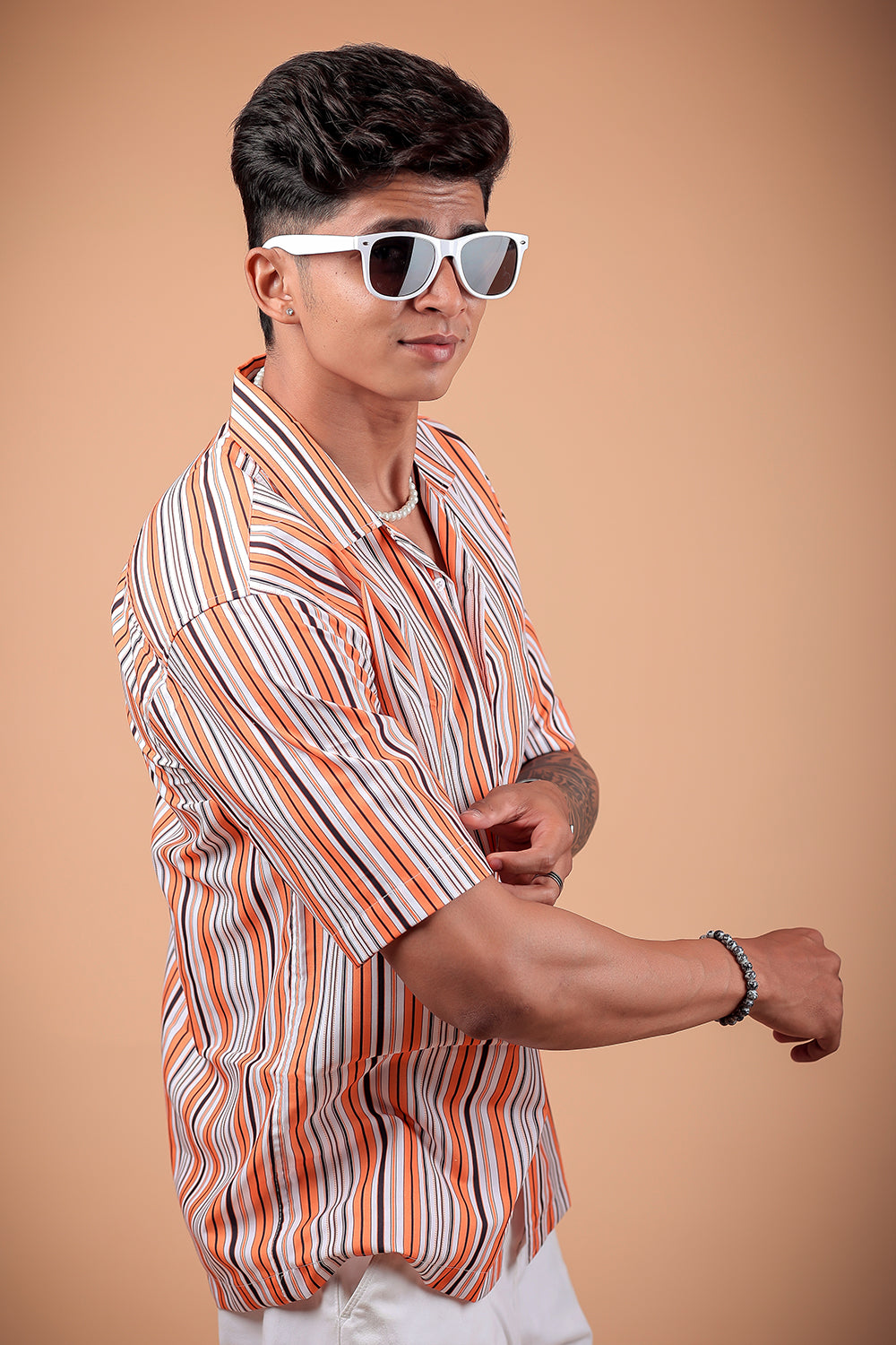 Orange Striped Printed Half Sleeve Shirt