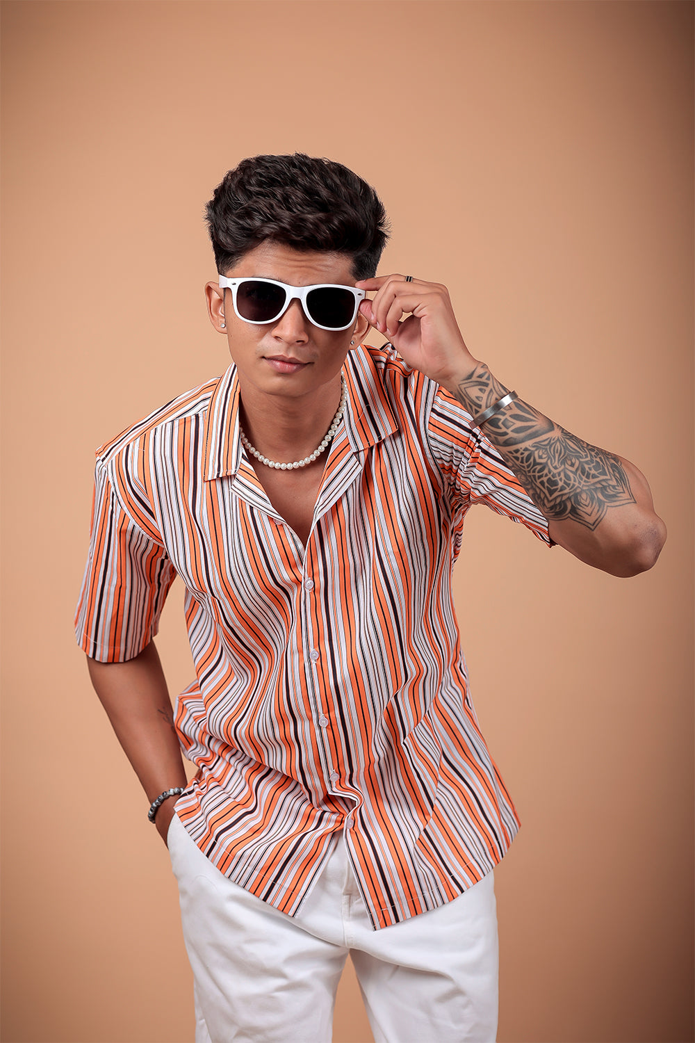 Orange Striped Printed Half Sleeve Shirt