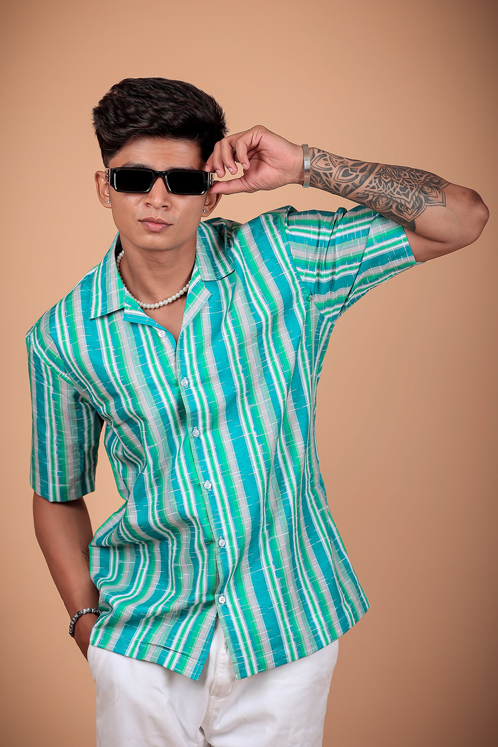 Aqua Green Striped Printed Half Sleeve Shirt