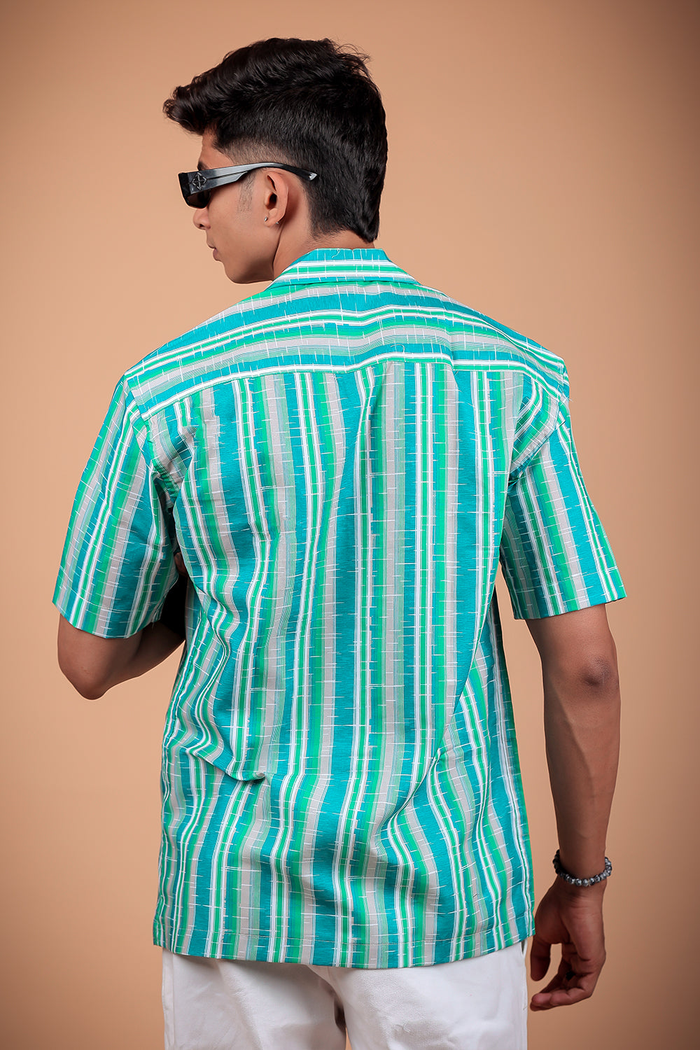 Aqua Green Striped Printed Half Sleeve Shirt