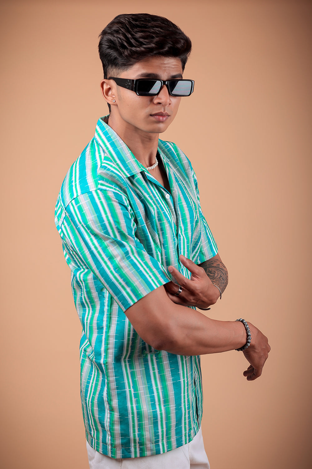 Aqua Green Striped Printed Half Sleeve Shirt