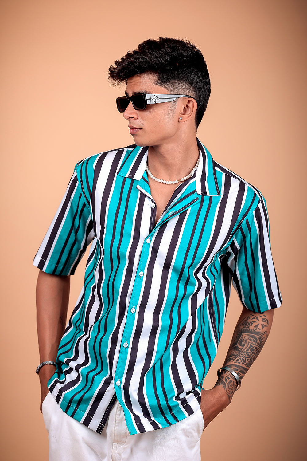 Black And Aqua Striped Printed Half Sleeve Shirt