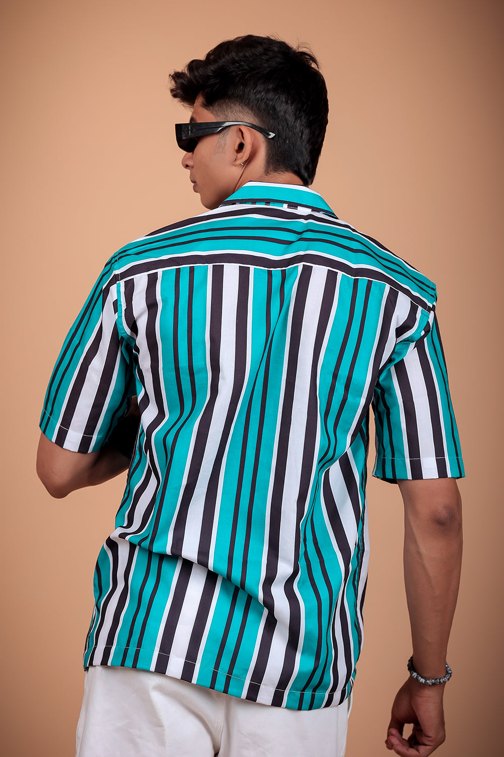 Black And Aqua Striped Printed Half Sleeve Shirt