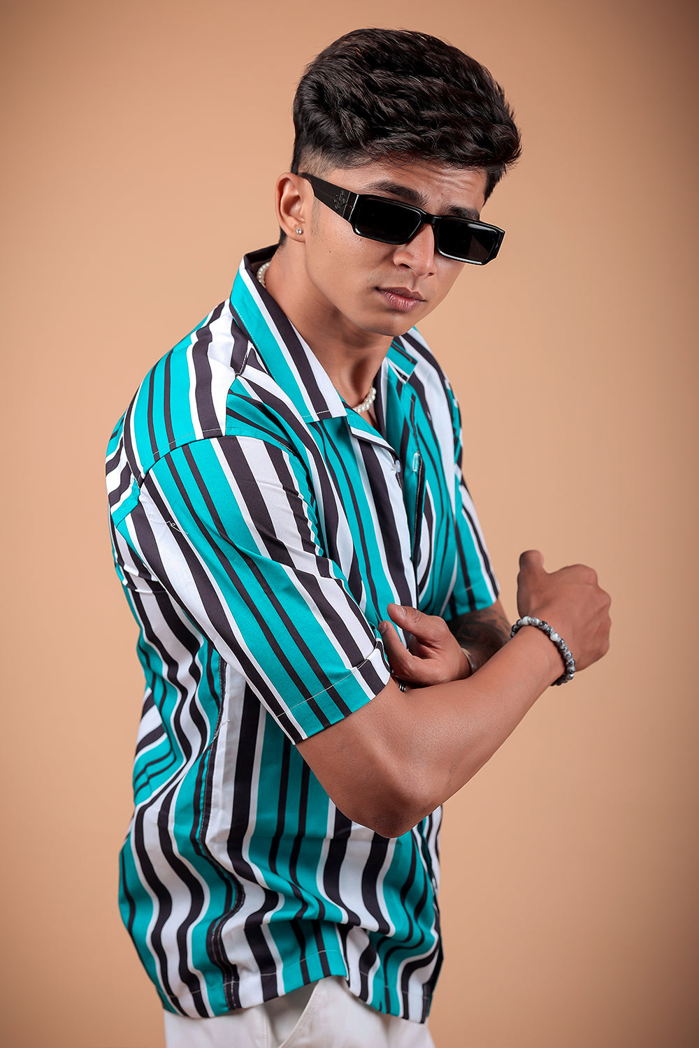 Black And Aqua Striped Printed Half Sleeve Shirt