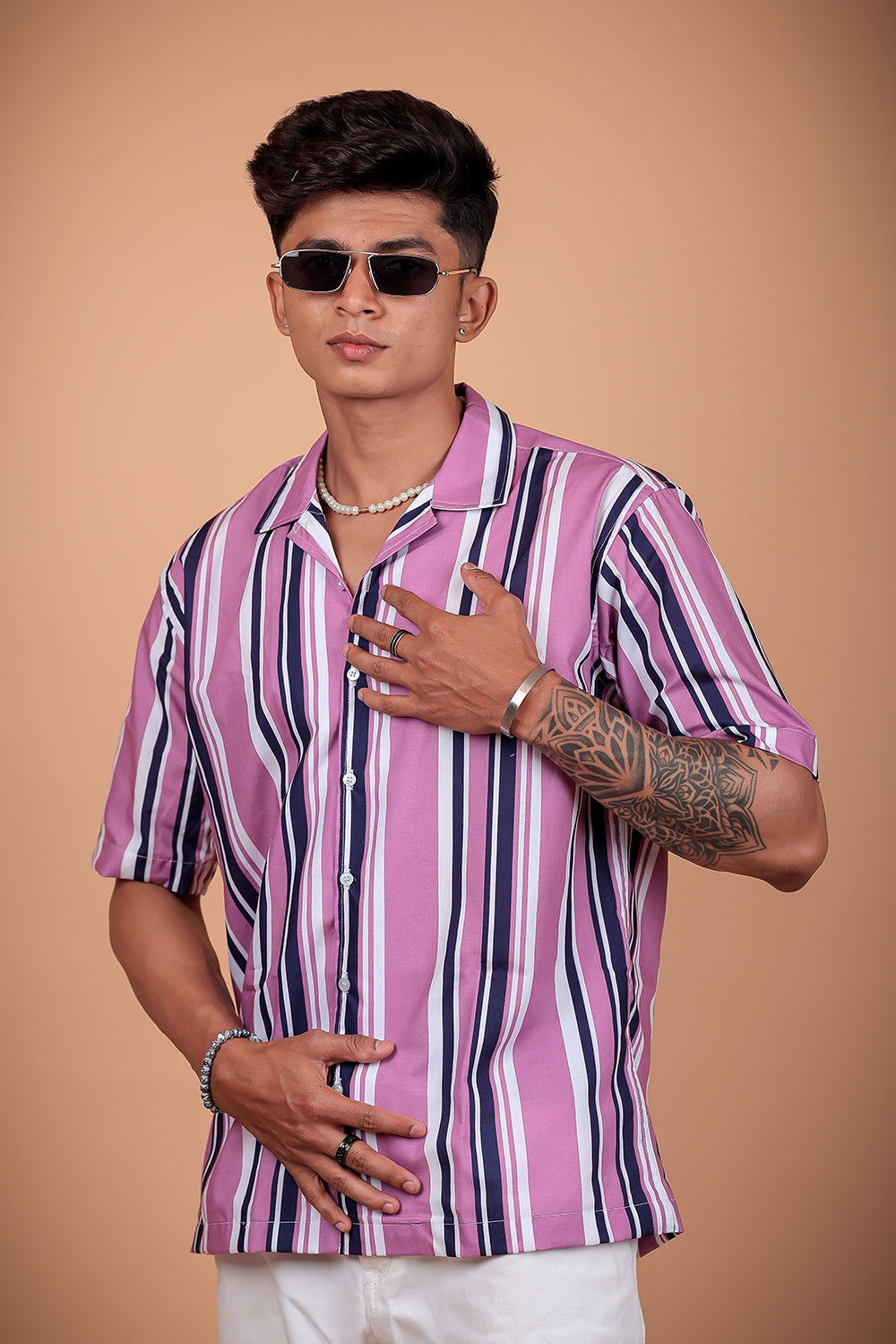 Purple Striped Printed Half Sleeve Shirt
