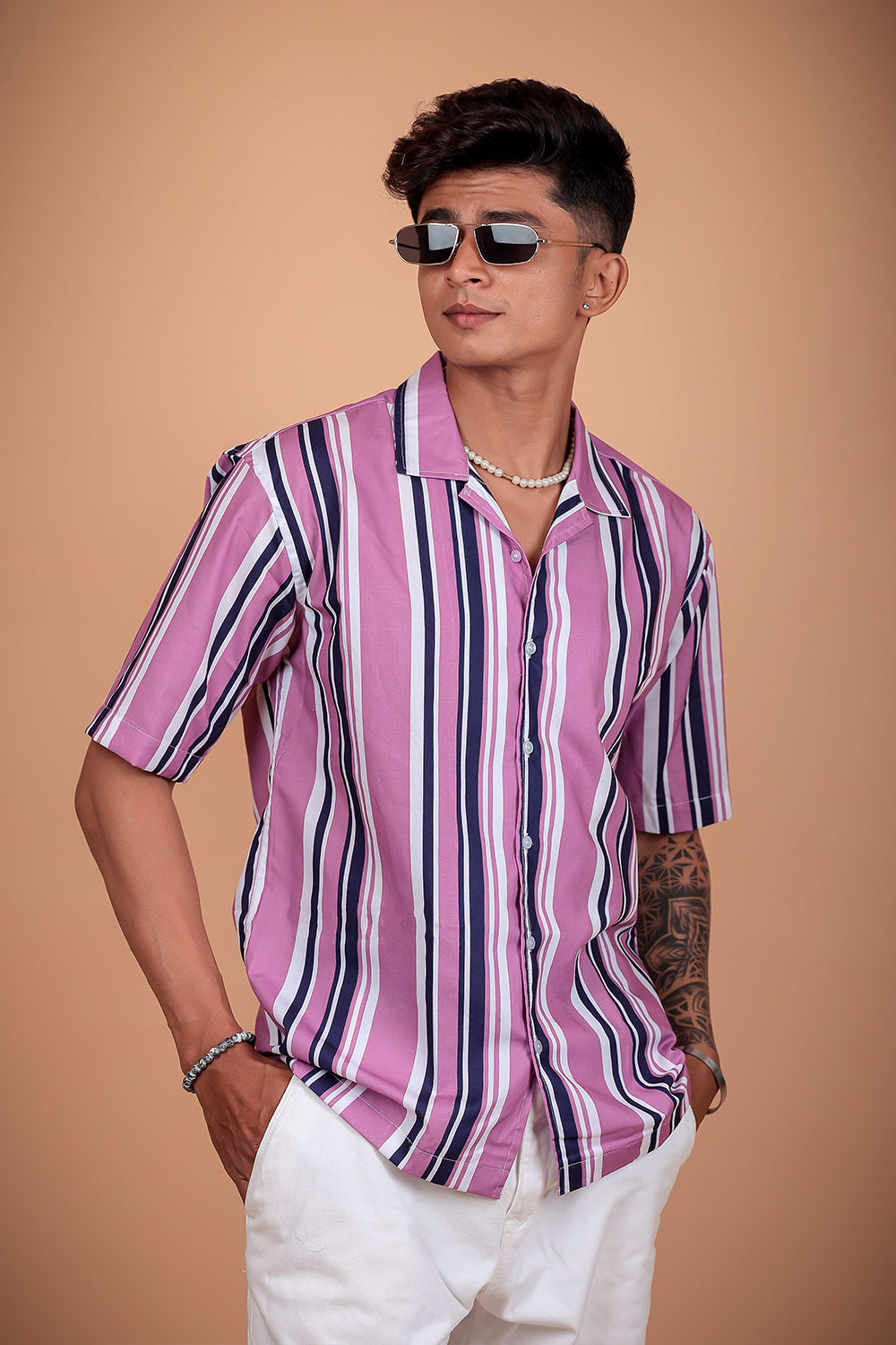 Purple Striped Printed Half Sleeve Shirt