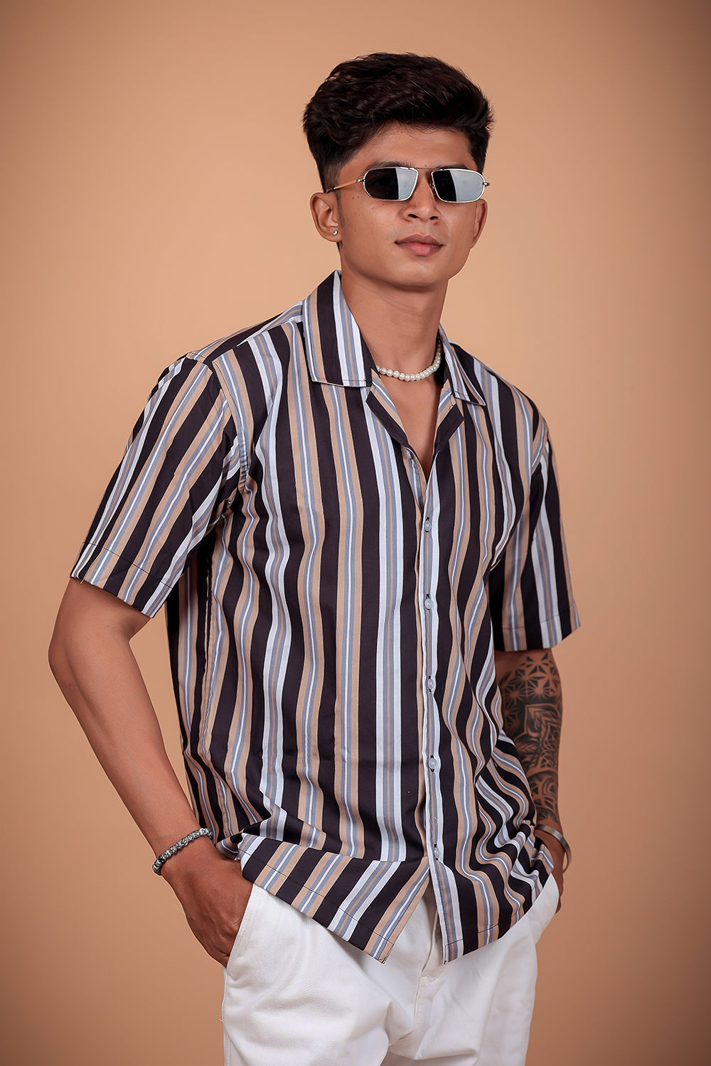 Black Striped Printed Half Sleeve Shirt